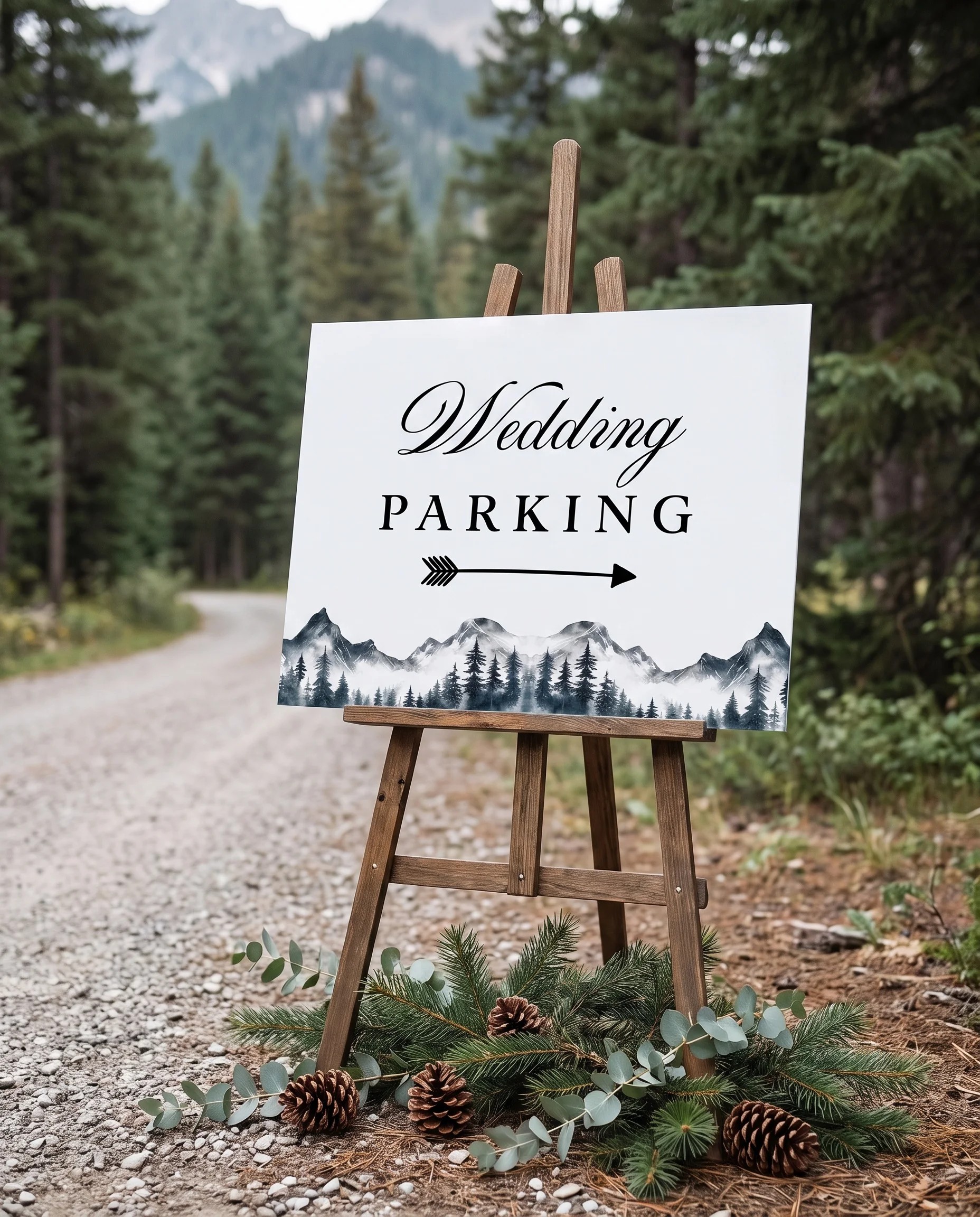 Pinecrest wedding parking sign — displayed at a venue entrance under soft natural light with a slight overhead angle, wedding signs.