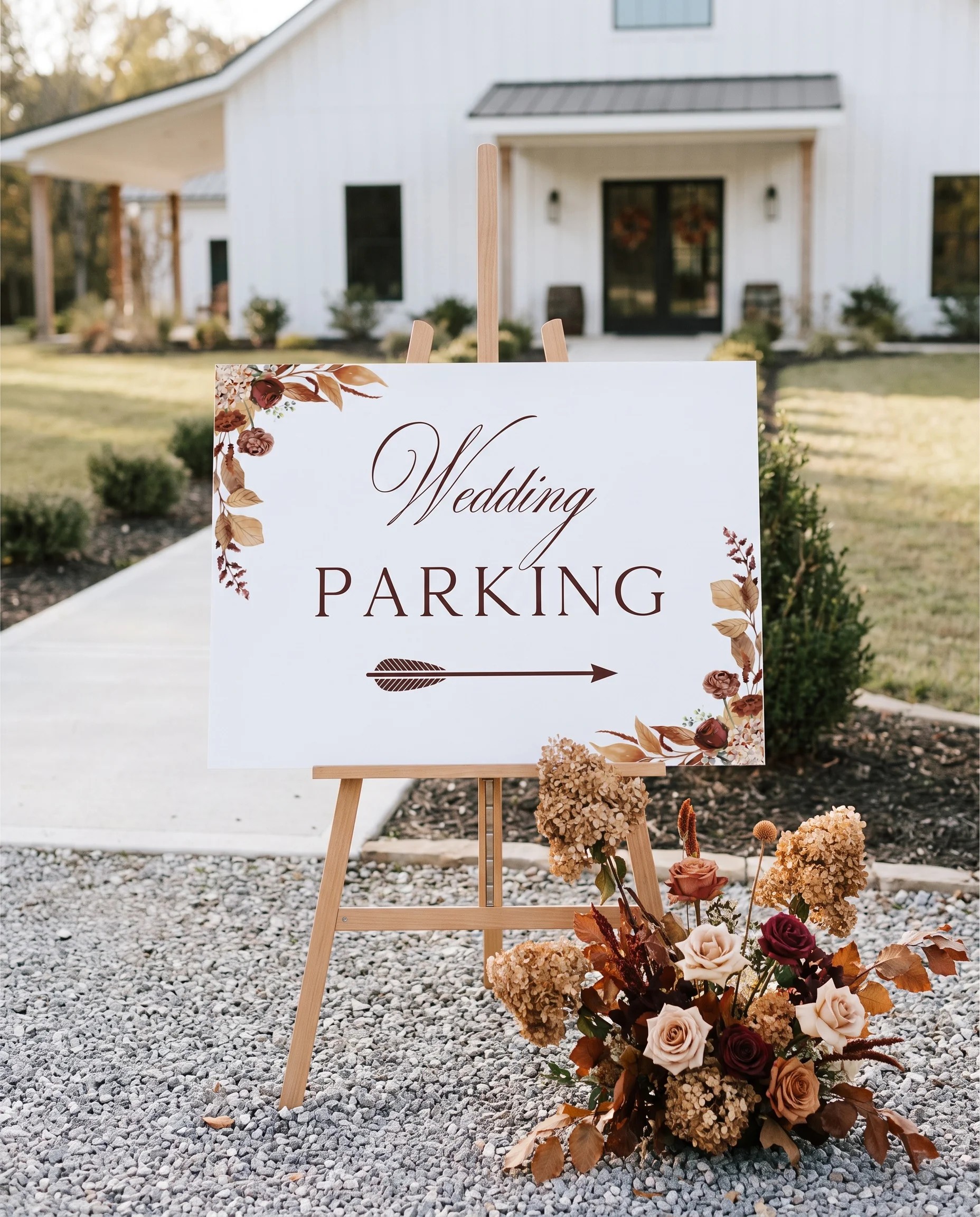 Bramble Row wedding parking sign — displayed at a venue entrance under soft natural light with a slight overhead angle, wedding signs.