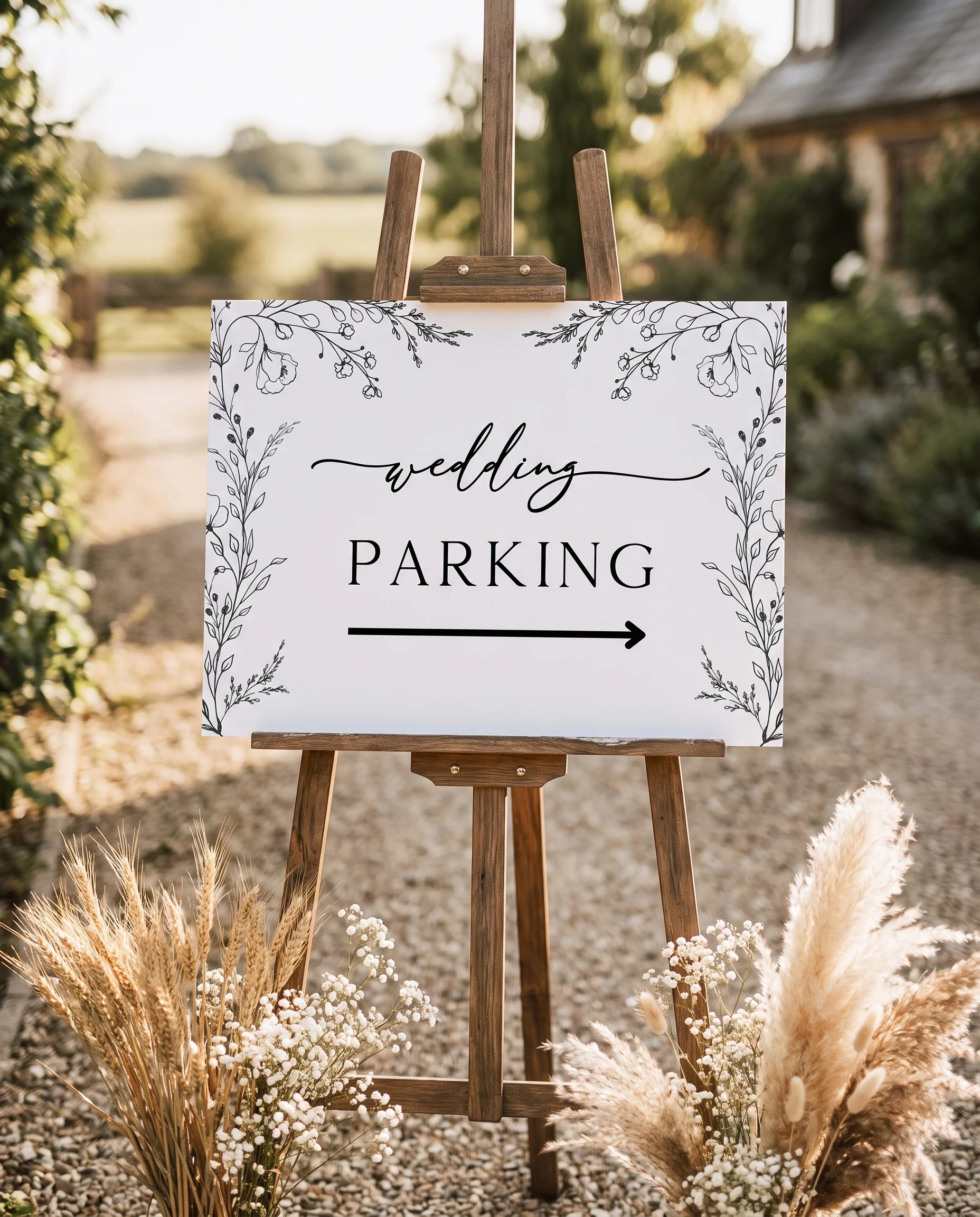 Meadow Sprig wedding parking sign — shown at a venue entrance under soft natural light with a slight overhead angle, wedding signs