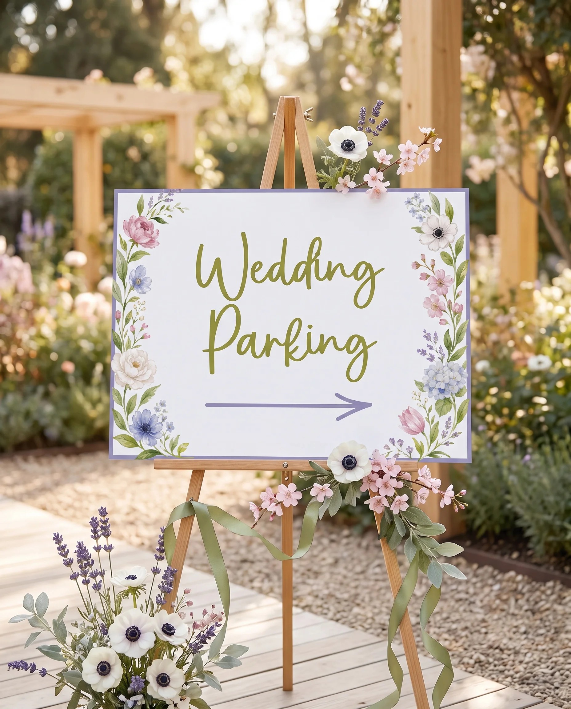 Anemone Toast wedding parking sign displayed at a venue entrance, softly lit with a slight overhead angle showing premium paper, wedding signs.