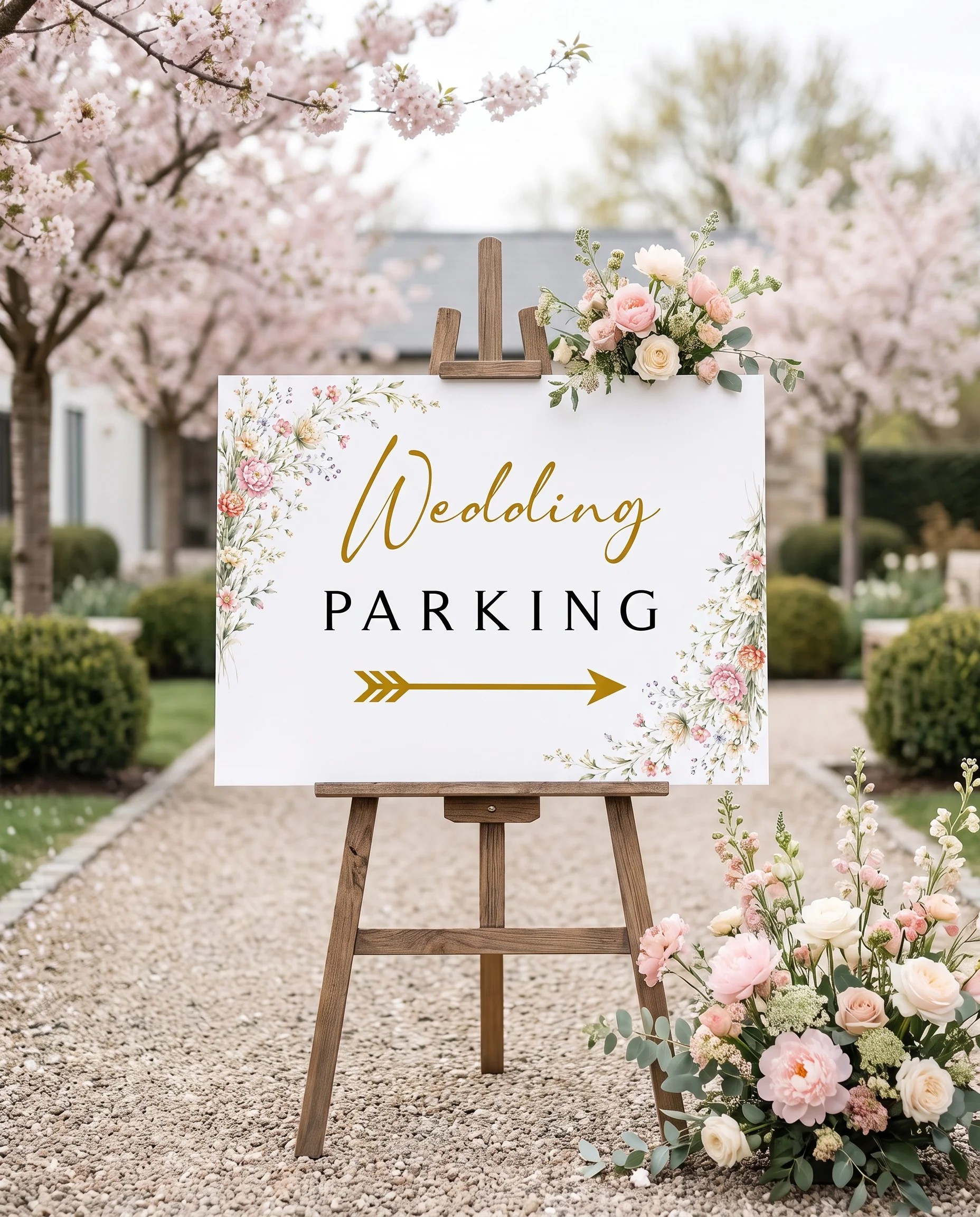 Petal Arbor wedding parking sign — displayed at a venue entrance under soft natural light with a slight overhead angle, wedding signs.