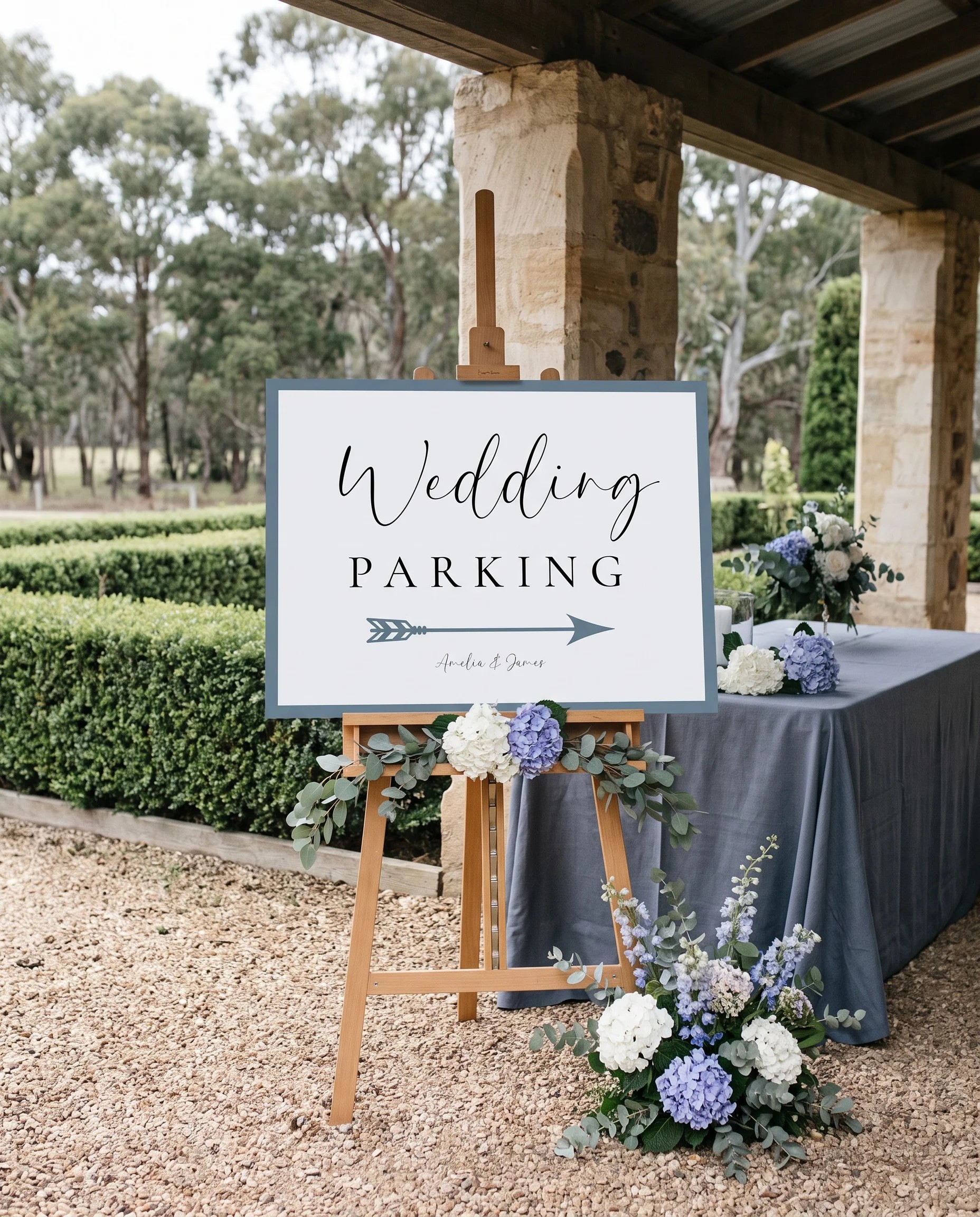 Arrow Crest wedding parking sign — displayed at a venue entrance under soft natural light, premium editorial wedding signs.