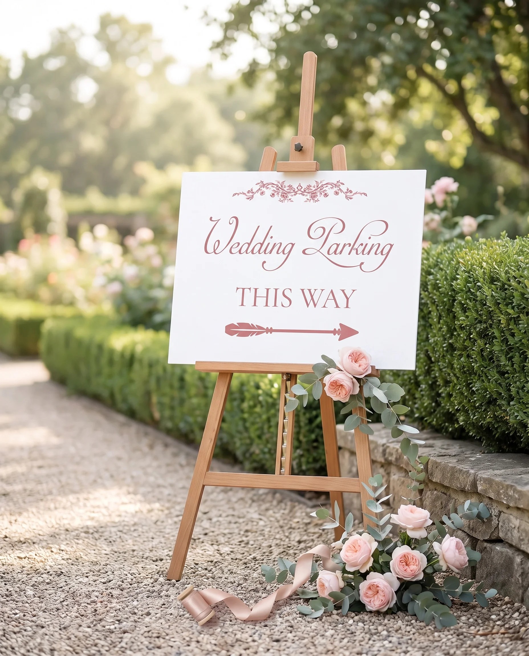 Rosewood Trellis wedding parking sign — displayed at a venue entrance under soft natural light from a slight overhead angle, wedding signs.