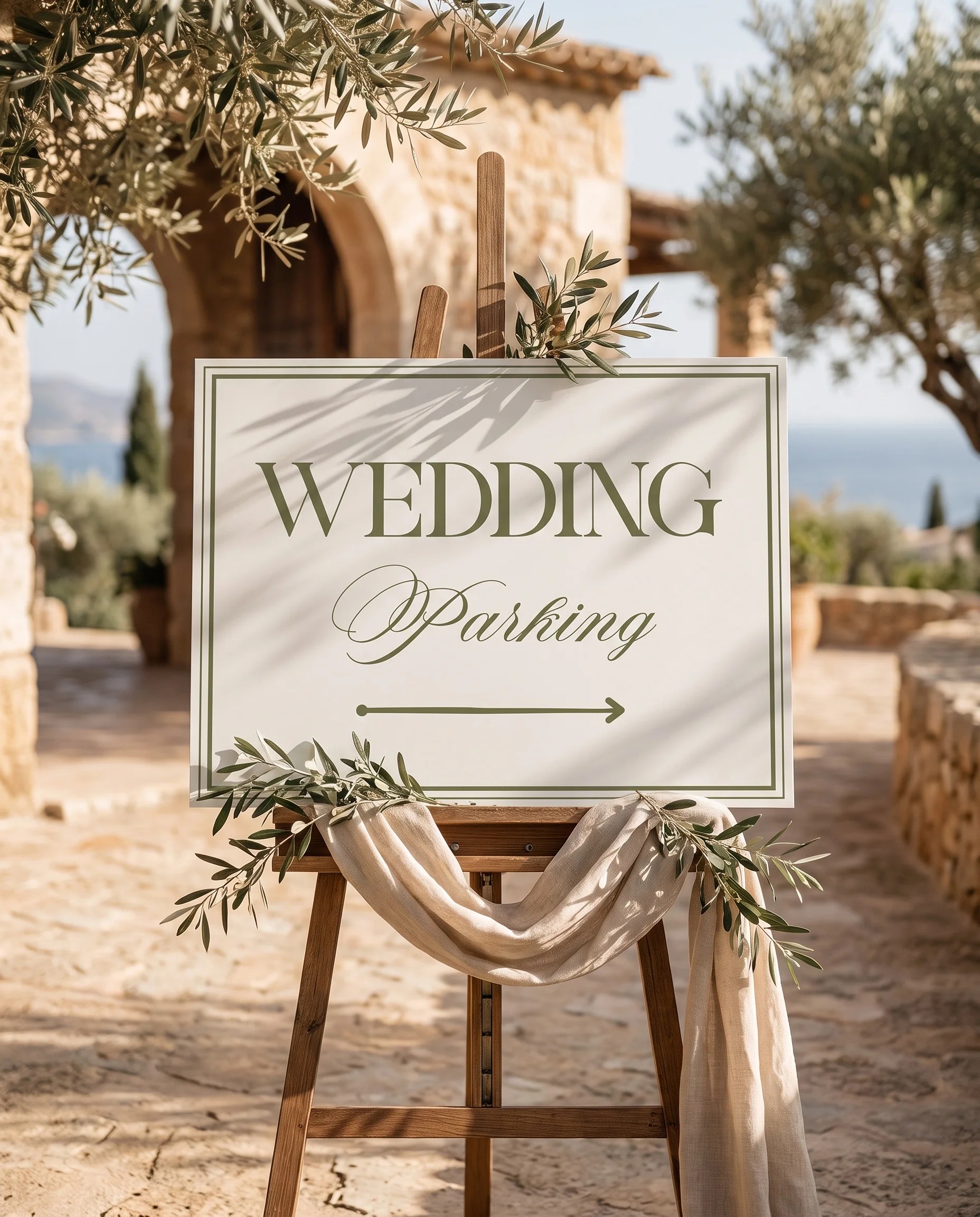 Olive Script wedding parking sign — displayed at a venue entrance under soft natural light, wedding signs