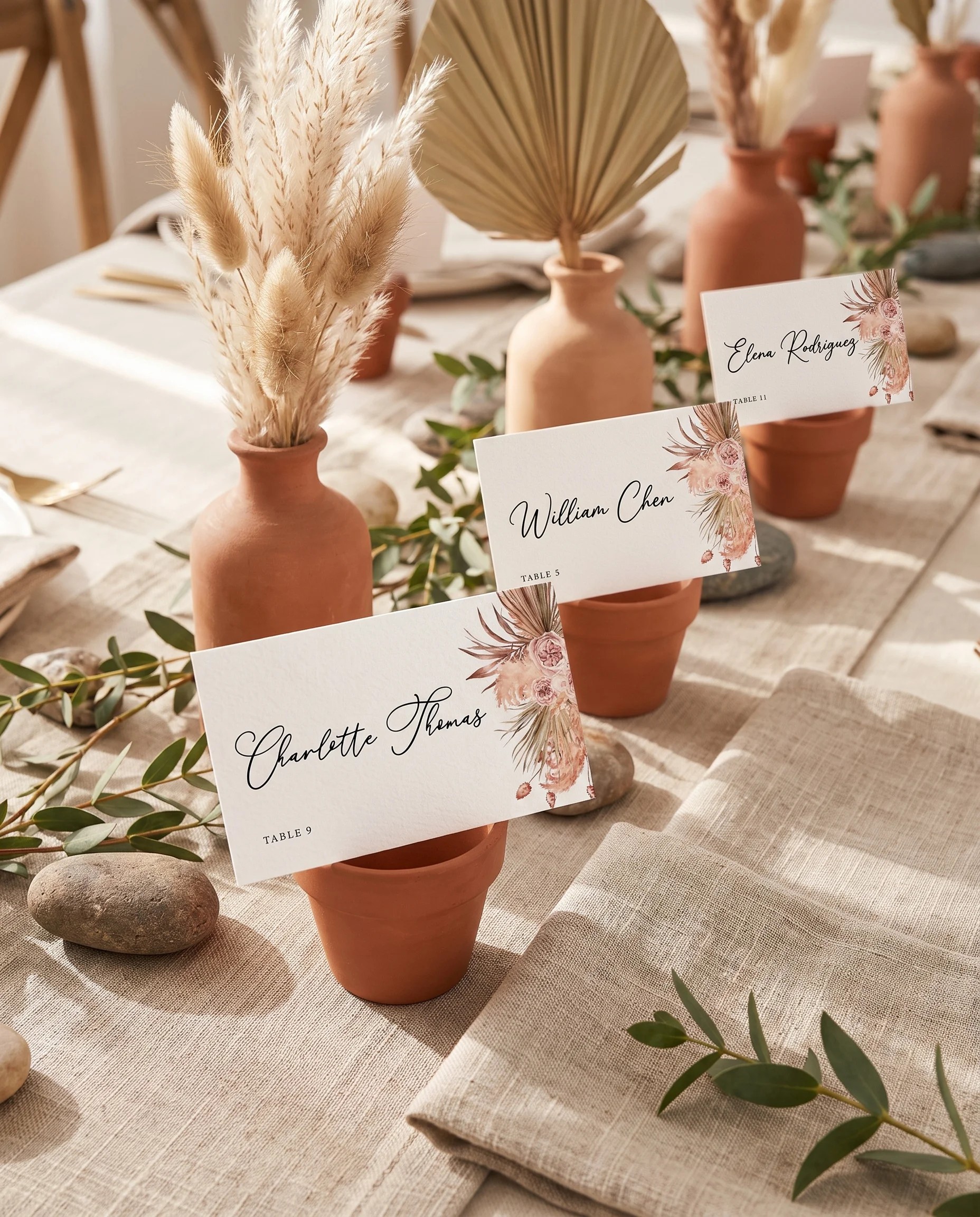 Desert Bloom wedding place cards — several cards arranged on a dressed reception table under soft natural light, place card template