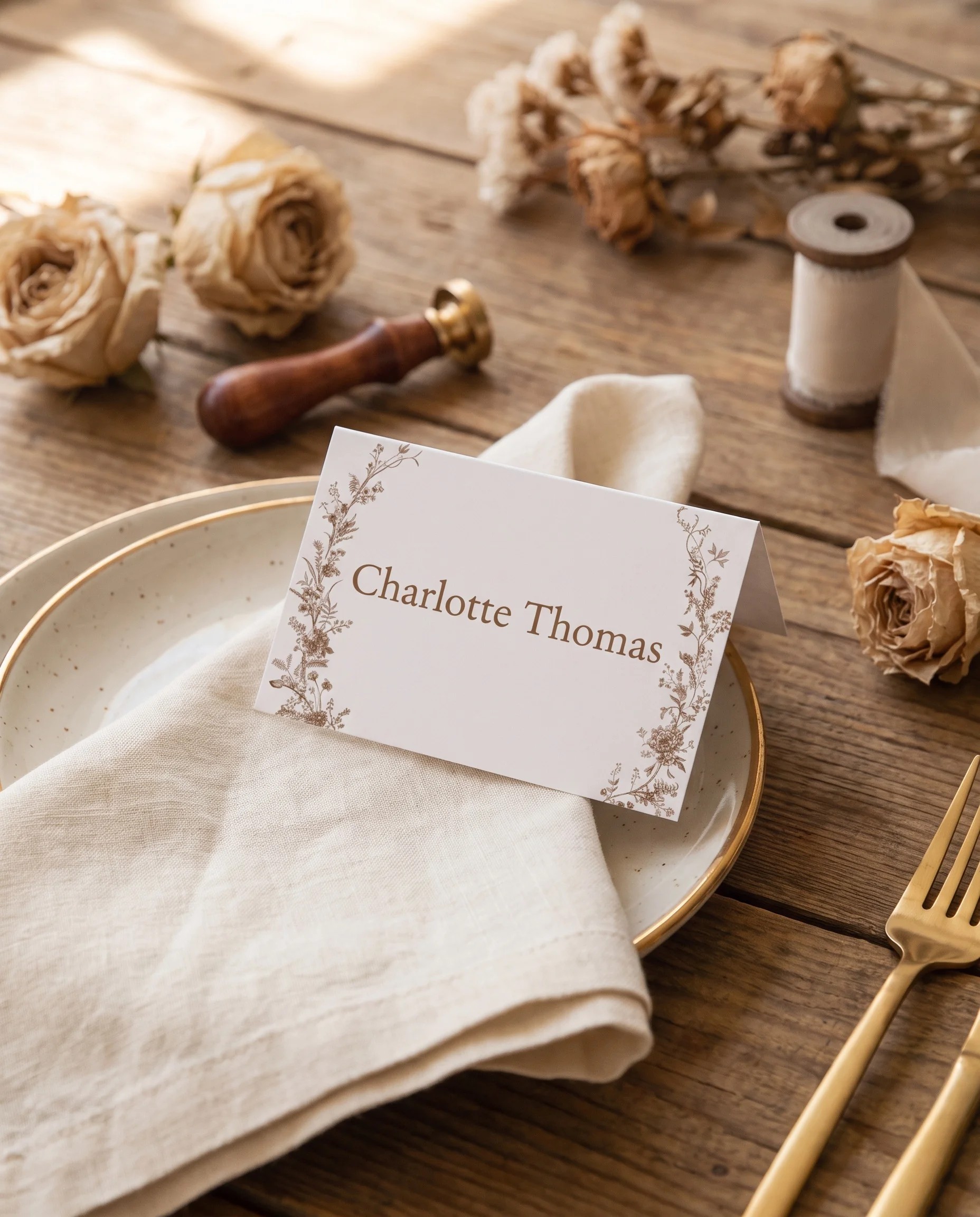 Sepia Crest wedding place cards — a single place card at a set place setting under soft natural light, wedding name cards