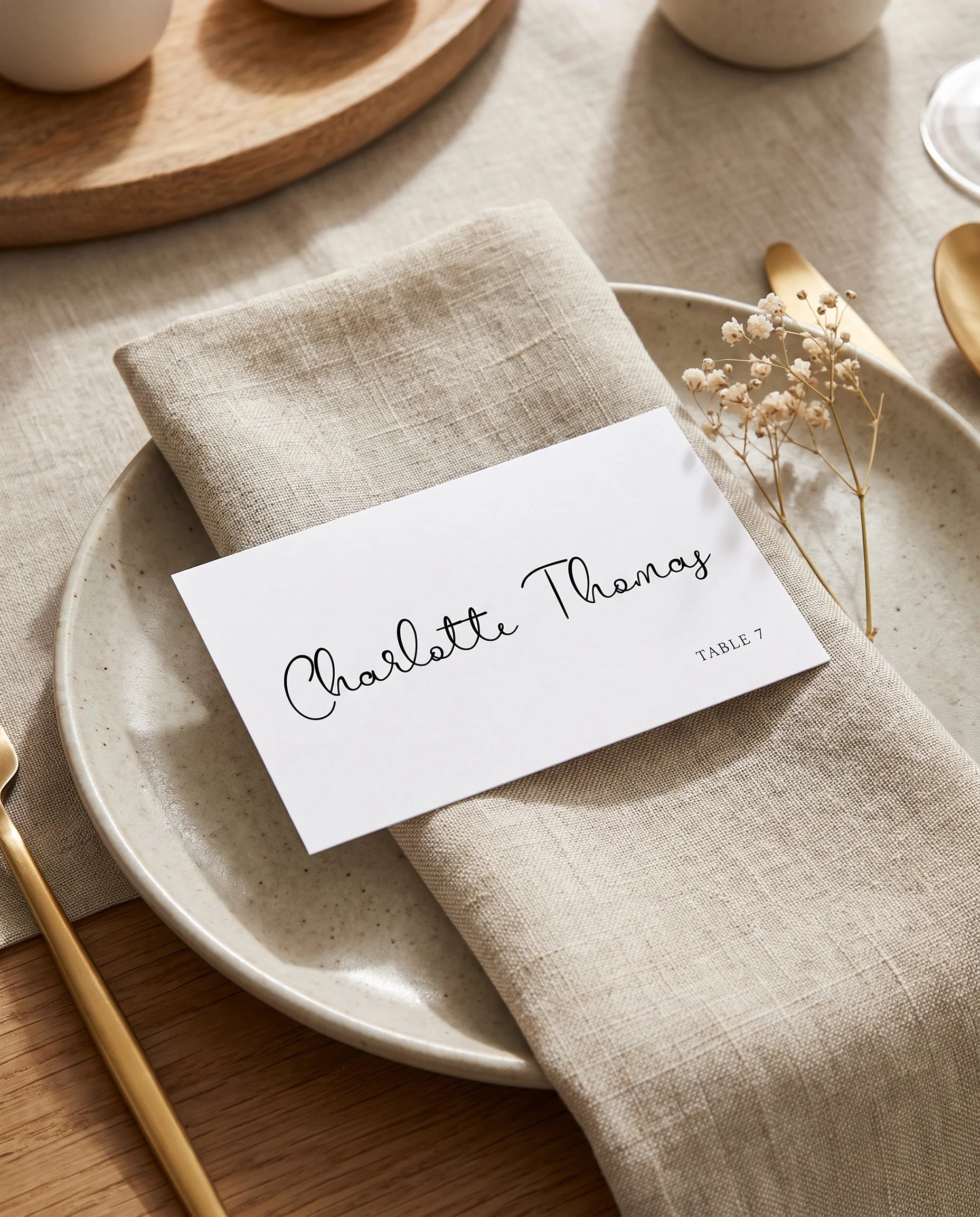 Sketchbook Bow wedding place cards — a single place card shown at a set place setting under soft natural light, wedding name cards