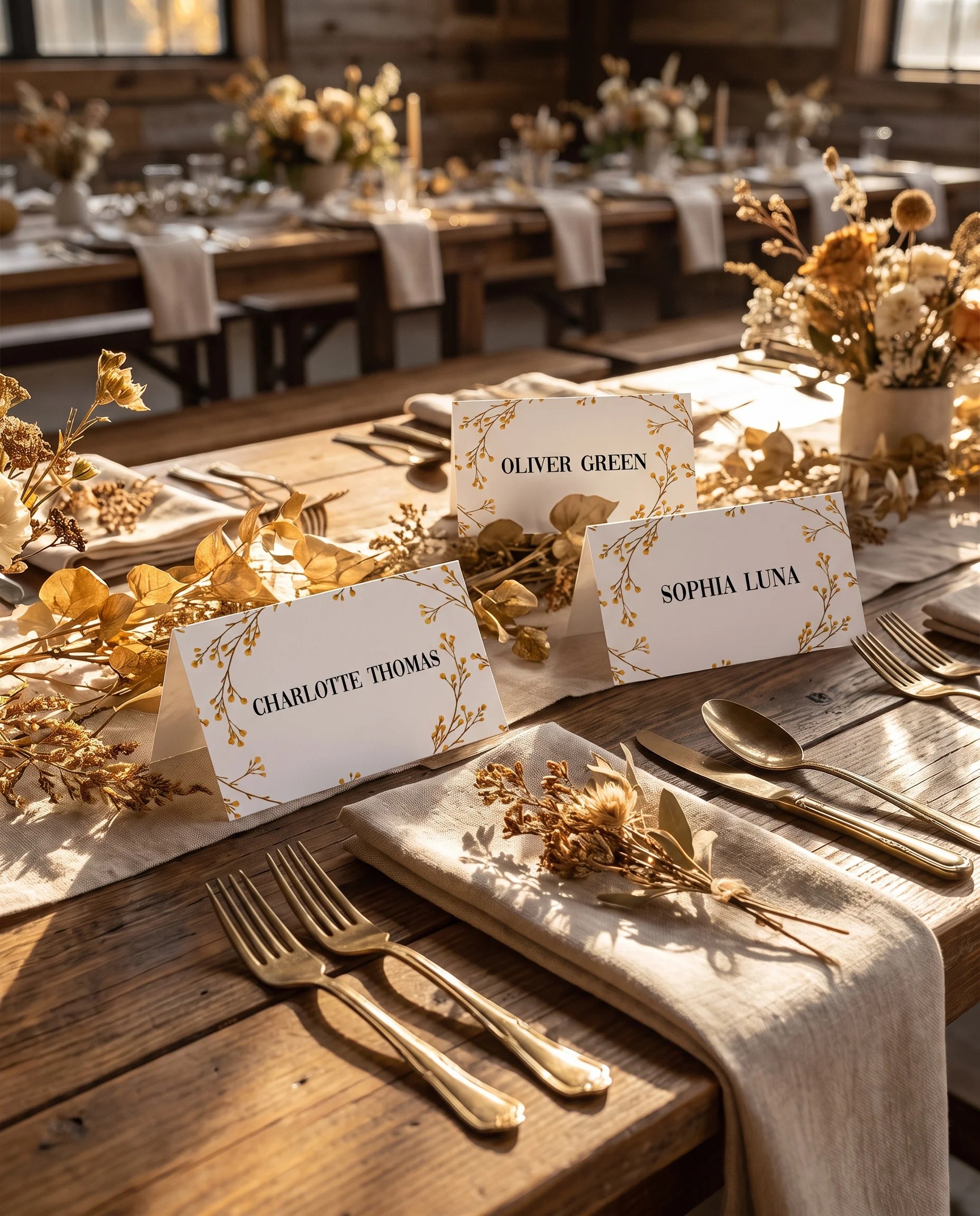 Golden Vine wedding place cards — several cards arranged on a dressed reception table under soft natural light, place card template.
