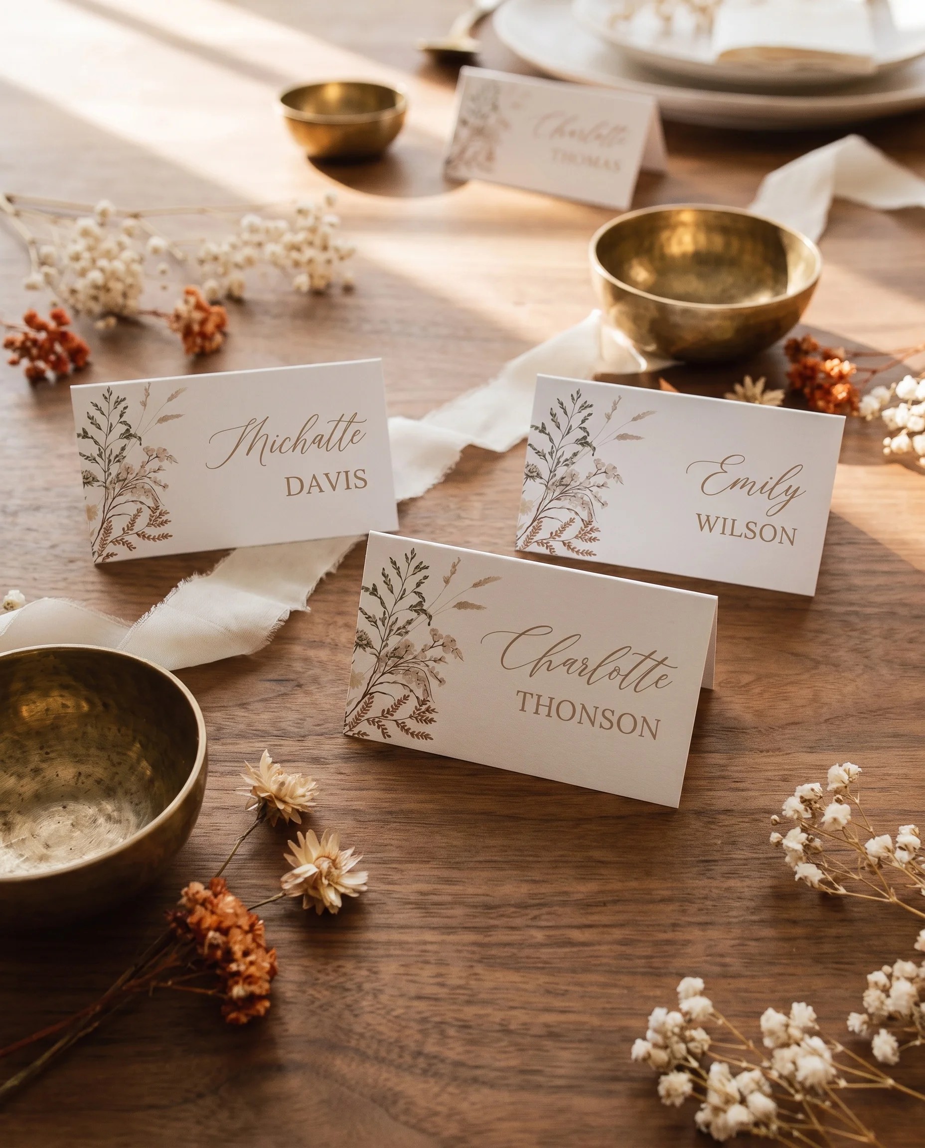 Bramble Court wedding place cards — place cards arranged on a dressed reception table under soft natural light, place card template.