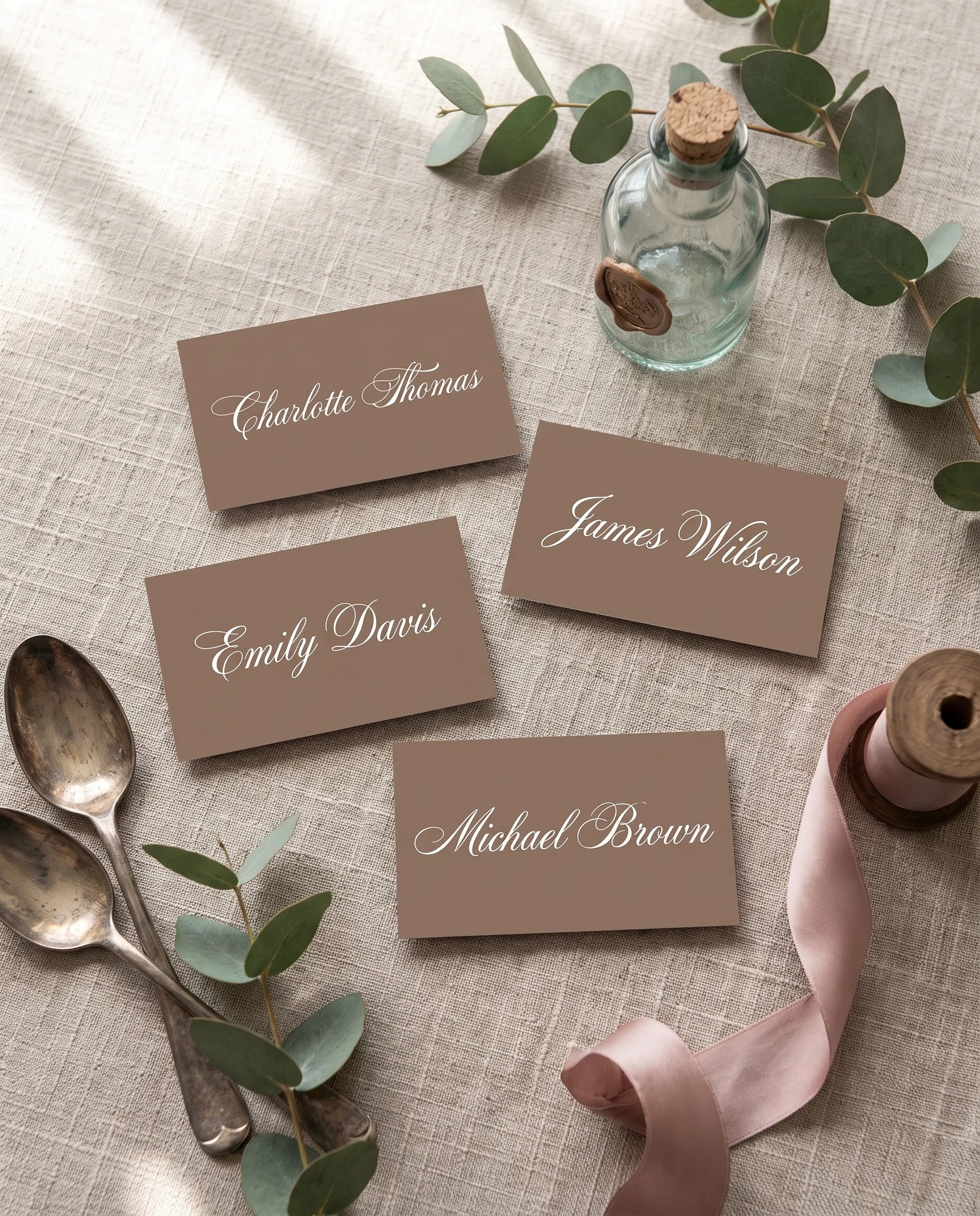 Hinge Script wedding place cards — several place cards shown flat under soft natural light at a slight overhead angle, wedding place cards.