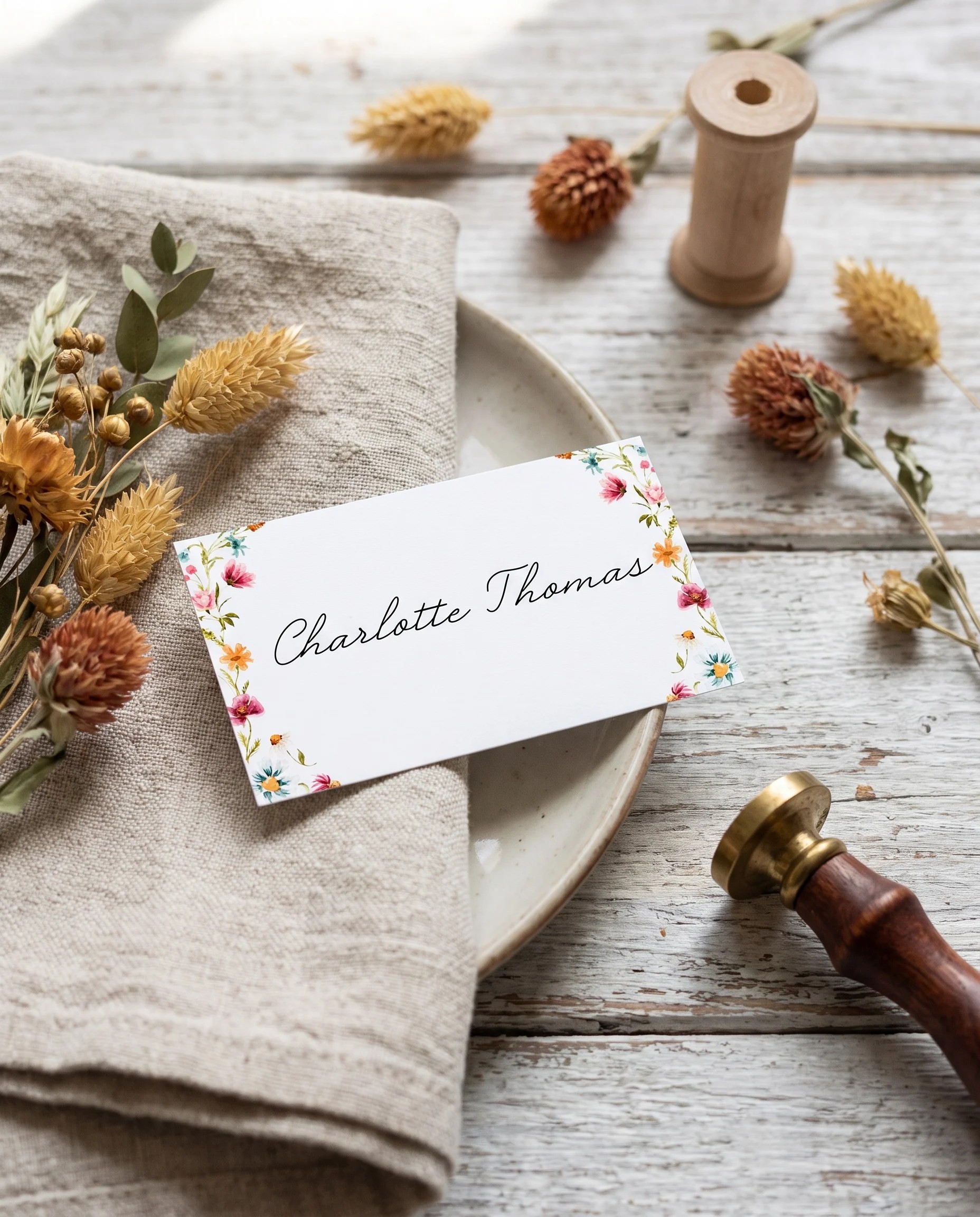 Meadow Ring wedding place cards — a single card set at a table place setting in soft light, wedding name cards.