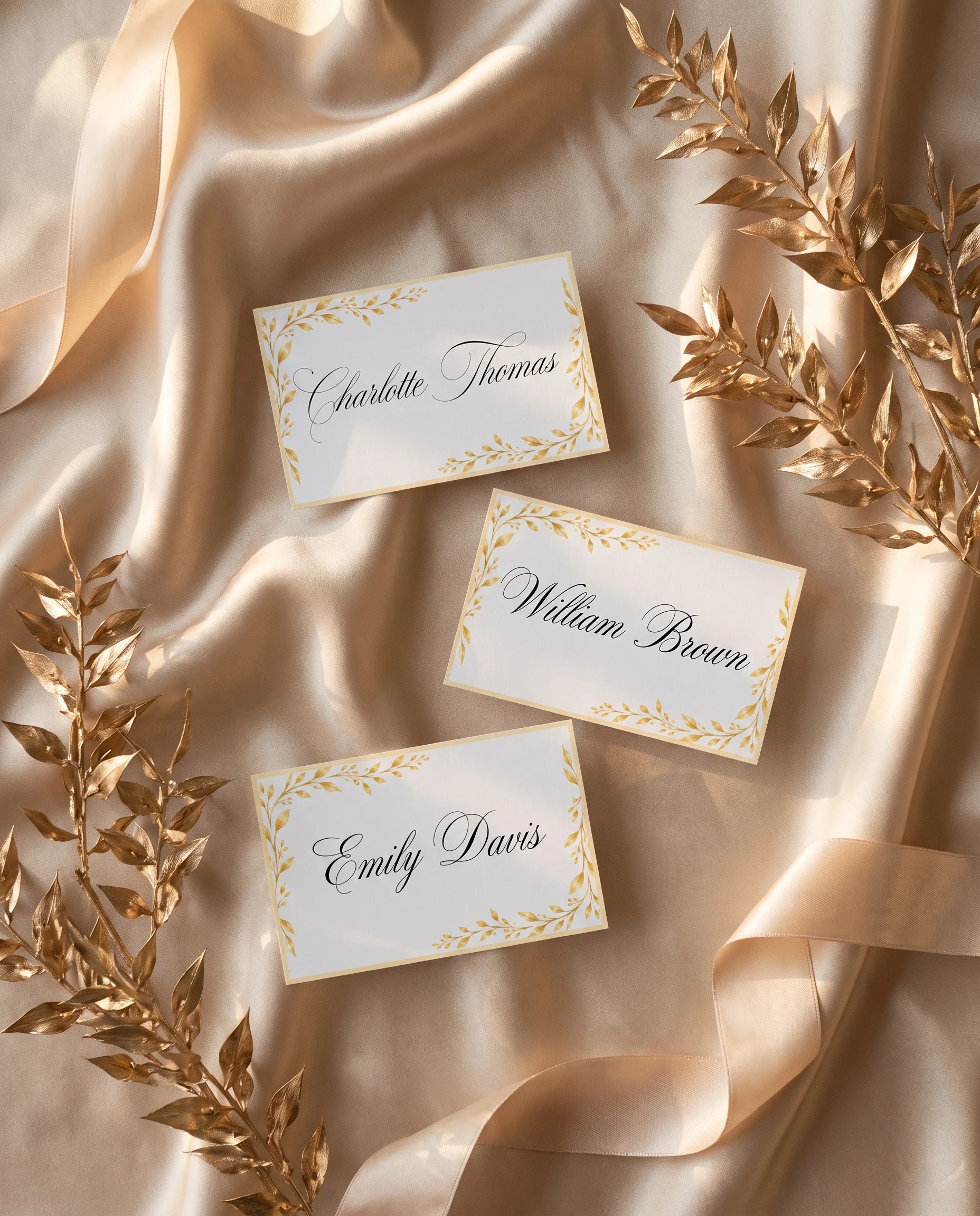 Gilded Bough wedding place cards — several cards shown flat under soft natural light, wedding place cards.