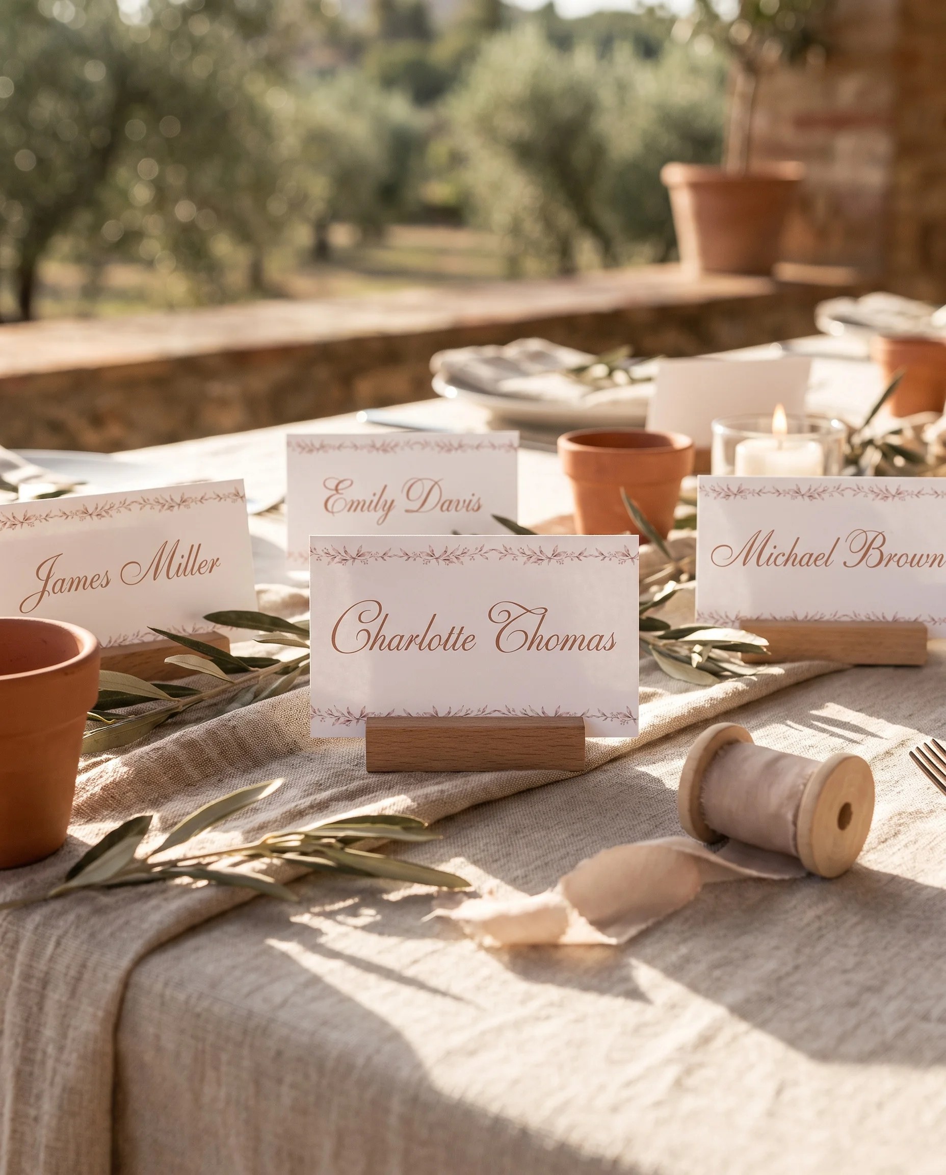Sepia Sprig wedding place cards — arranged on a dressed reception table under soft natural light, place card template.