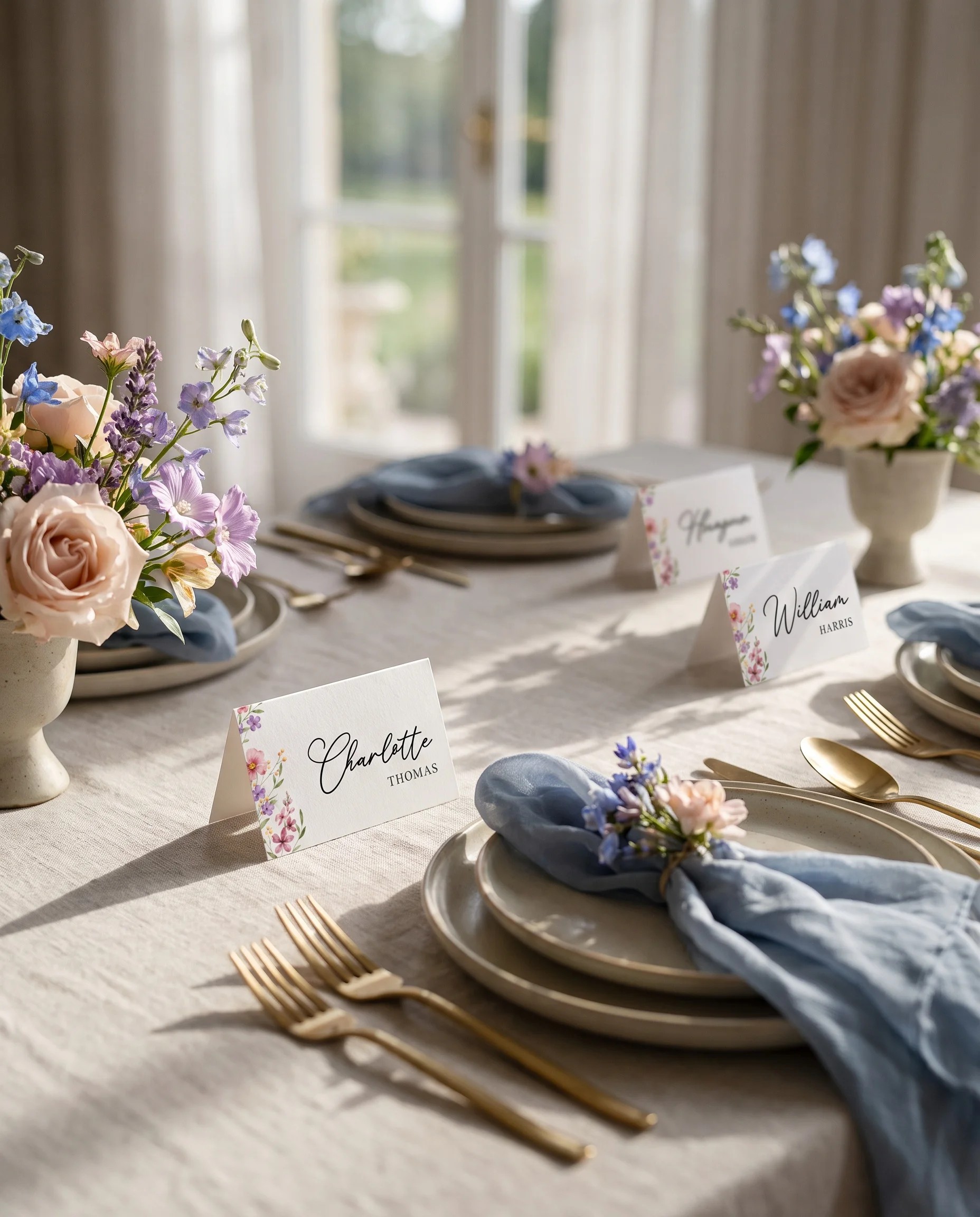 Meadowlark wedding place cards — arranged on a dressed reception table under soft natural light, place card template.