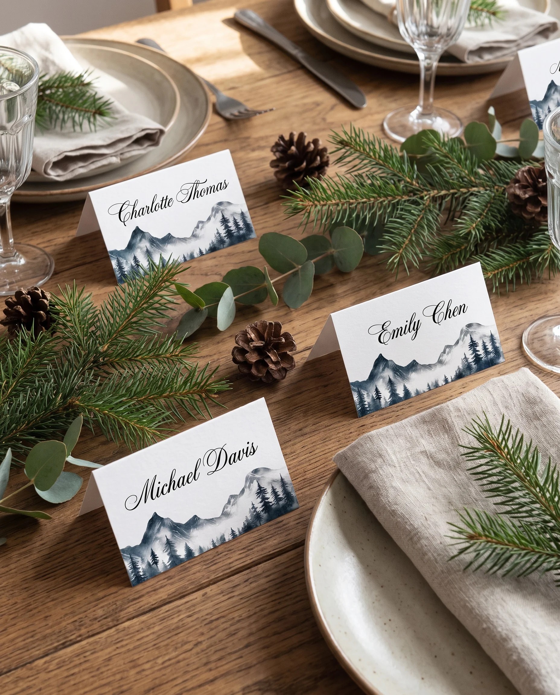 Pinecrest wedding place cards — arranged on a dressed reception table under soft natural light at a slight overhead angle, place card template.