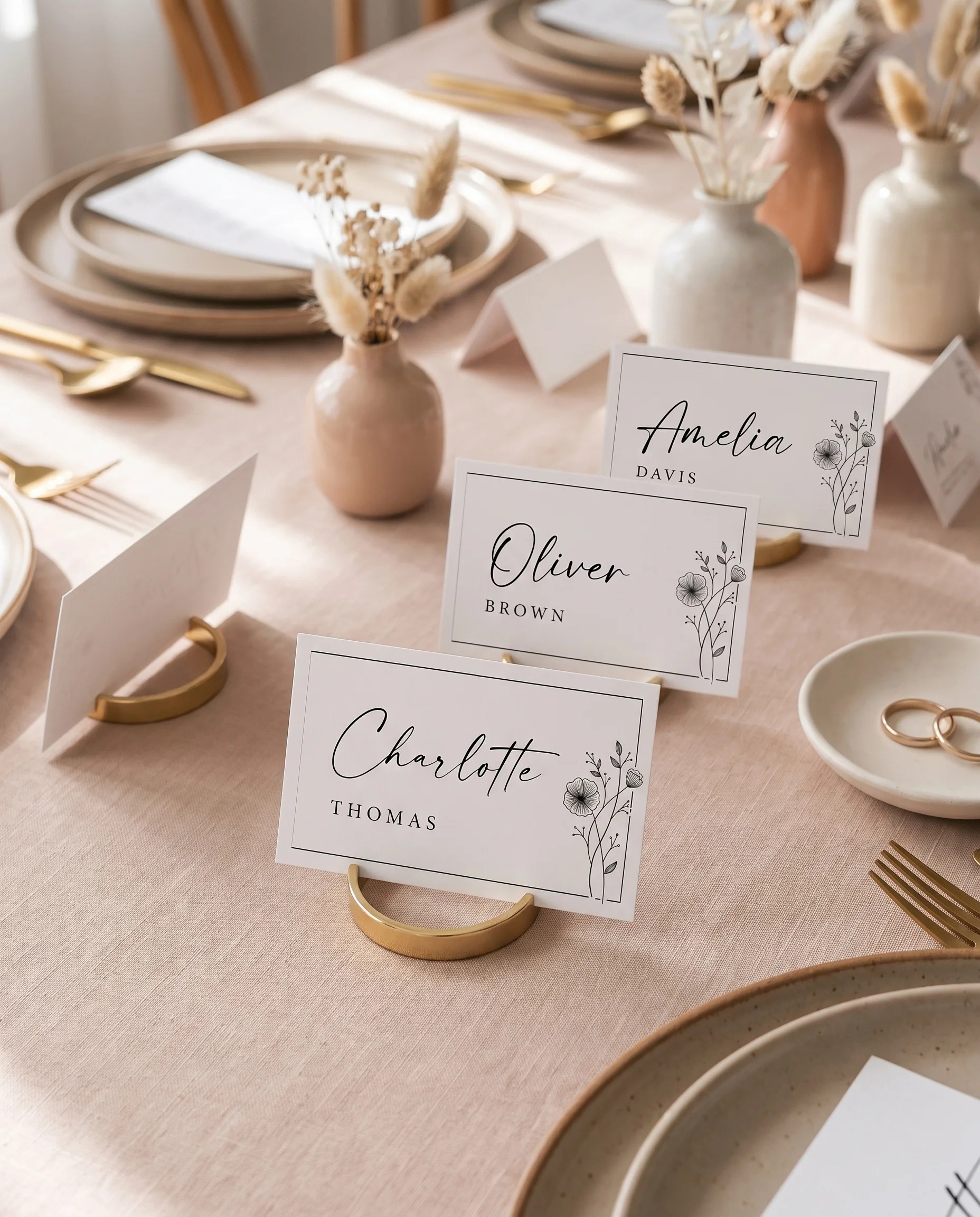 Hush Bloom wedding place cards — cards arranged on a dressed reception table under soft natural light, place card template.