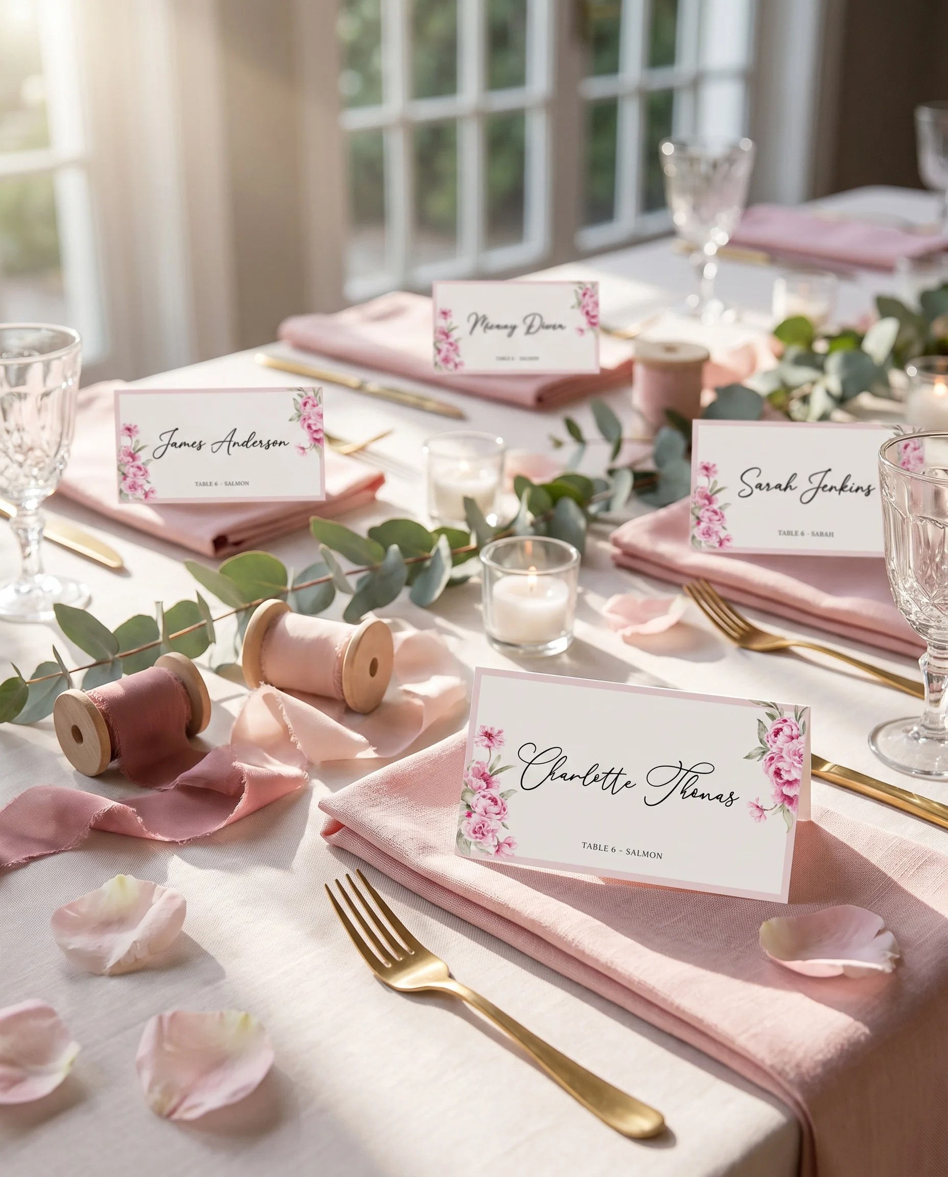 Blush Peony wedding place cards — several cards arranged on a dressed reception table under soft natural light, place card template.