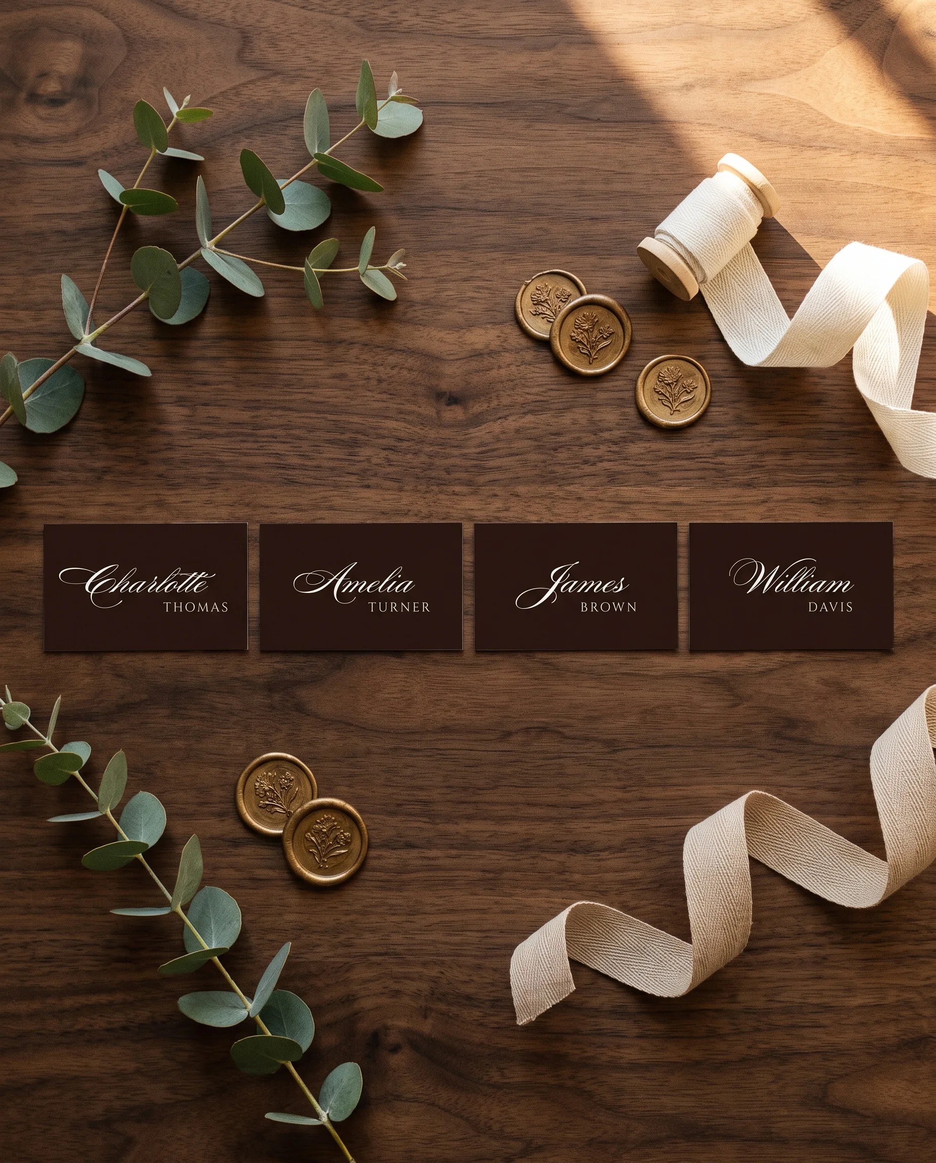 Velour wedding place cards — flat lay of several place cards on premium paper in soft overhead light, wedding place cards