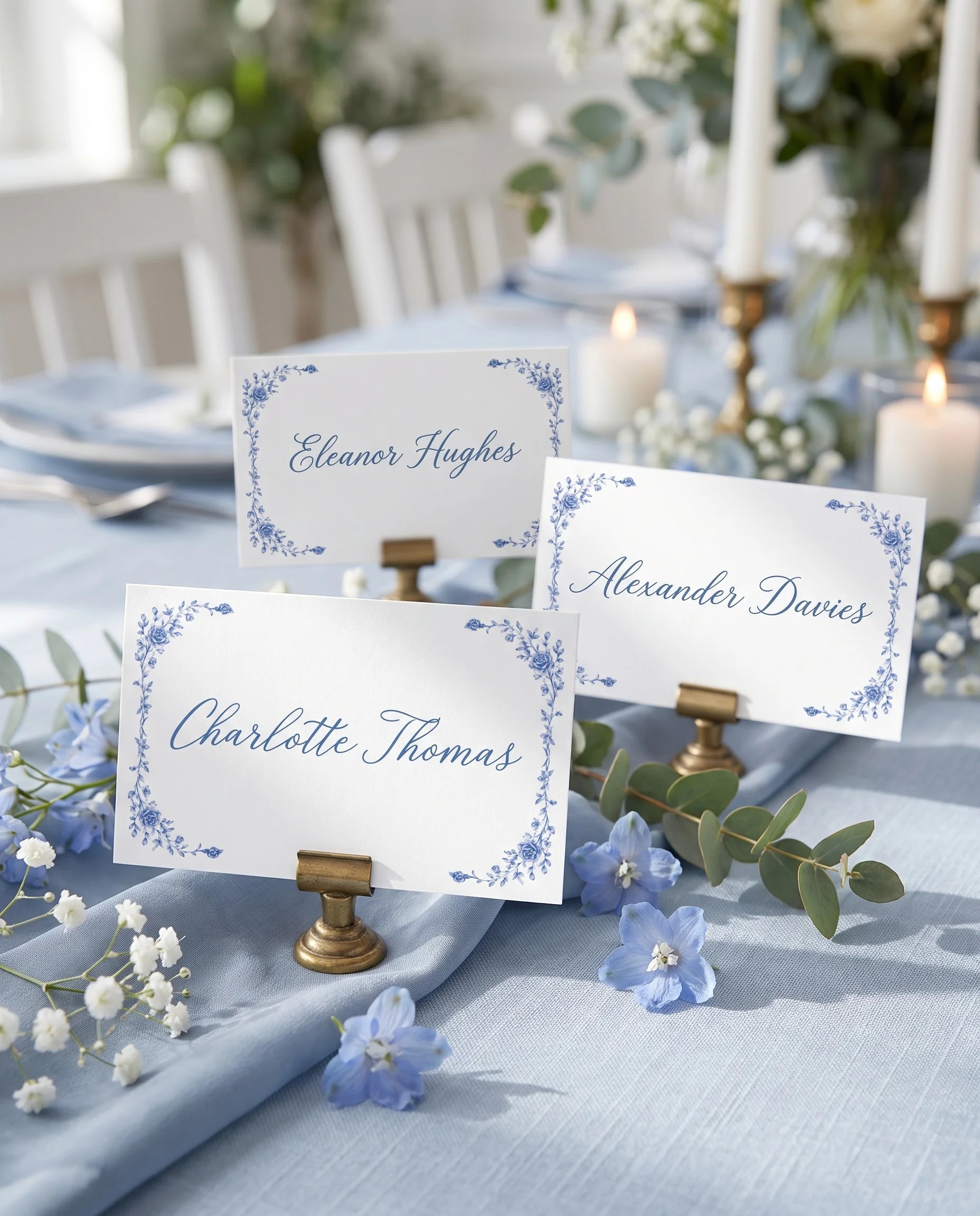 Blue Heron wedding place cards — cards arranged on a dressed reception table under soft overhead light, place card template.