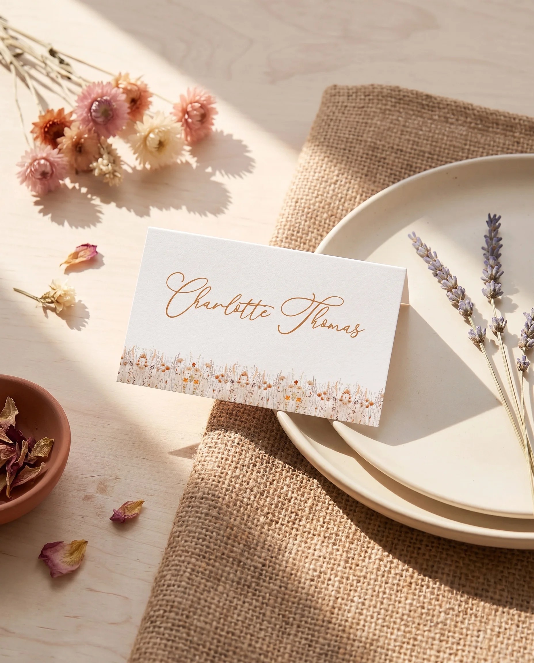 Amber Meadow wedding place cards — single card displayed at a set place setting under soft natural light, wedding name cards.