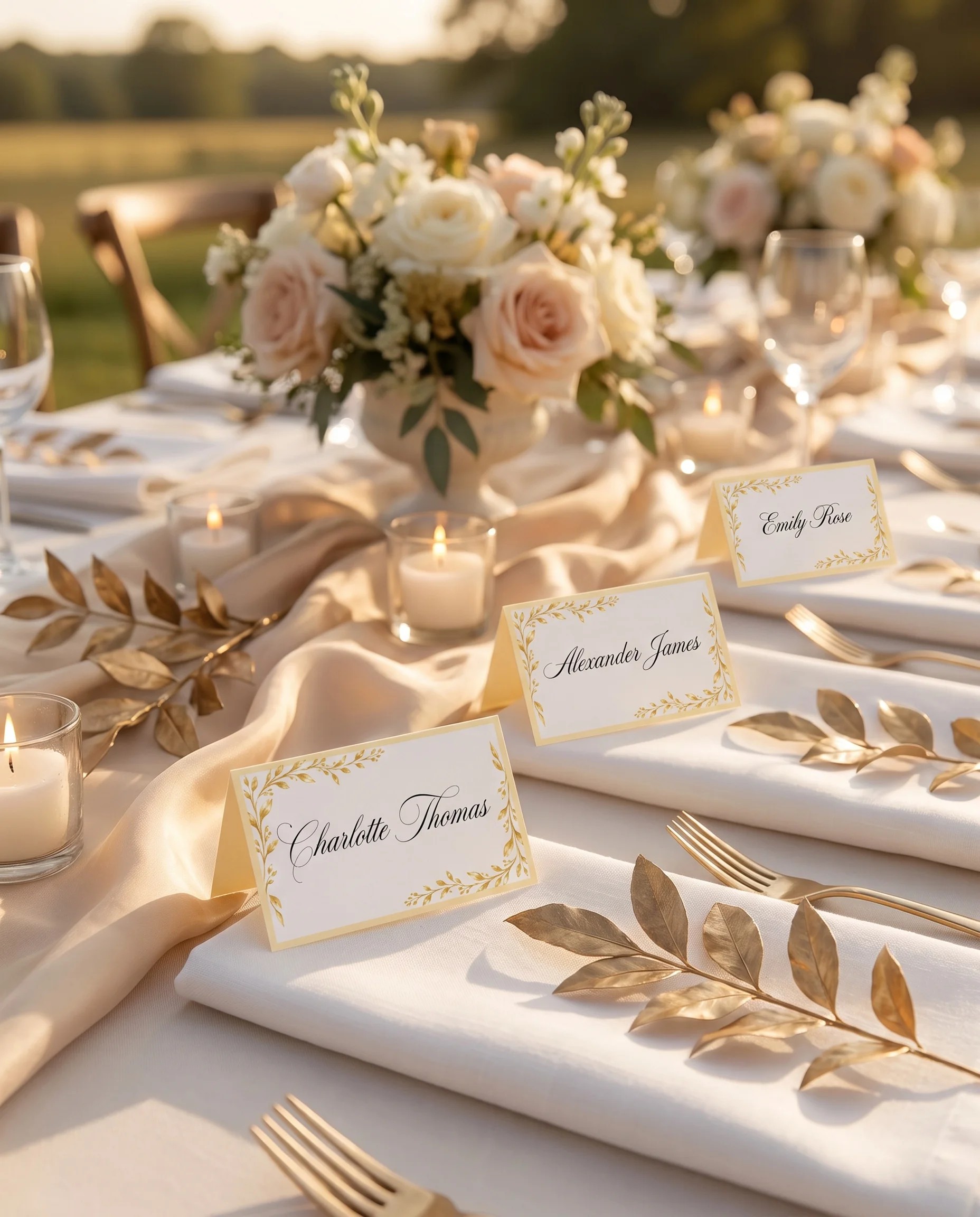 Gilded Bough wedding place cards — several cards arranged on a dressed reception table under soft natural light, place card template