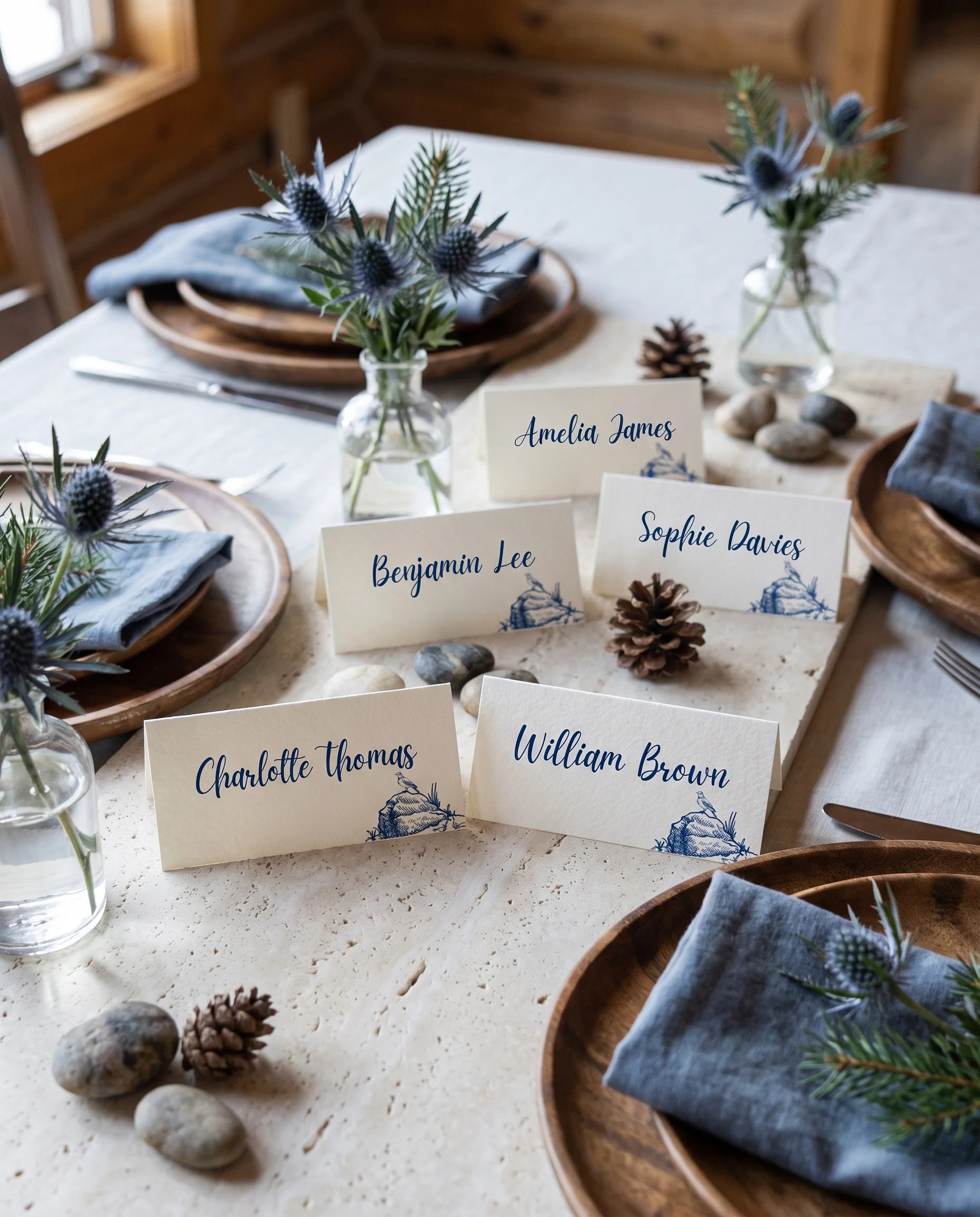 Blue Range wedding place cards — arranged on a dressed reception table under soft natural light at a slight overhead angle, place card template.