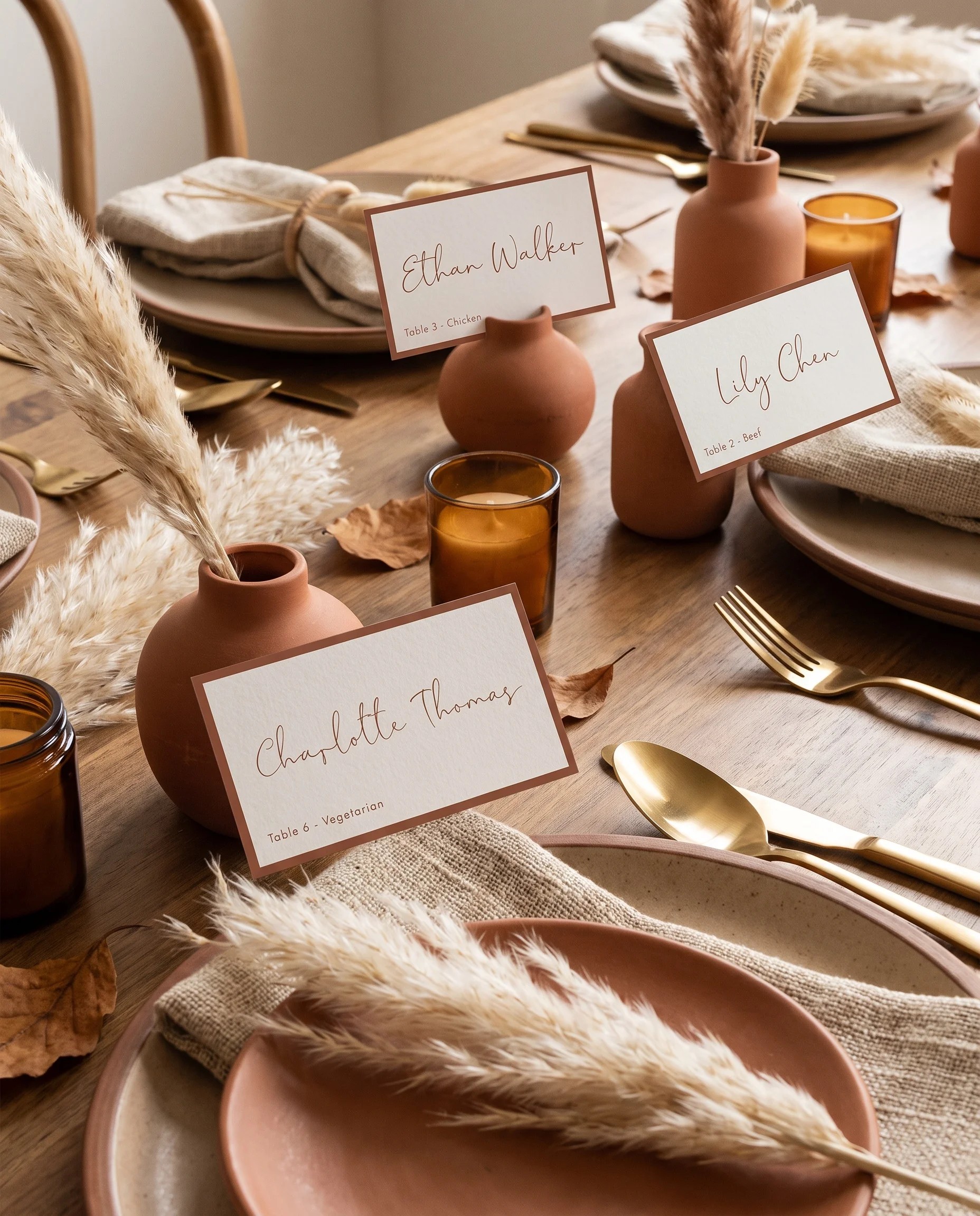 Stevens wedding place cards — several place cards arranged on a dressed reception table under soft natural light, place card template.