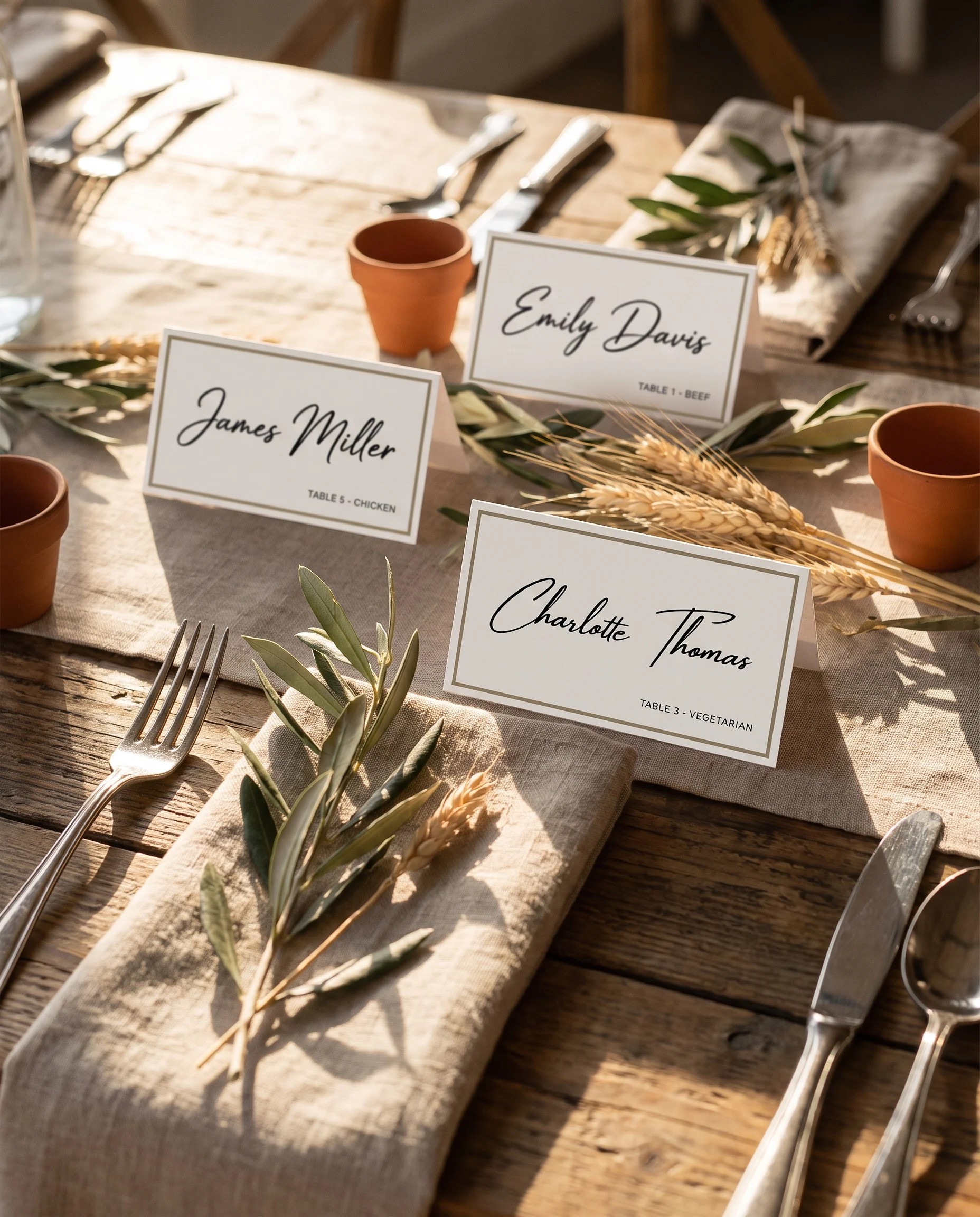 Golden Vale wedding place cards — several cards arranged on a dressed reception table under soft natural light, place card template.