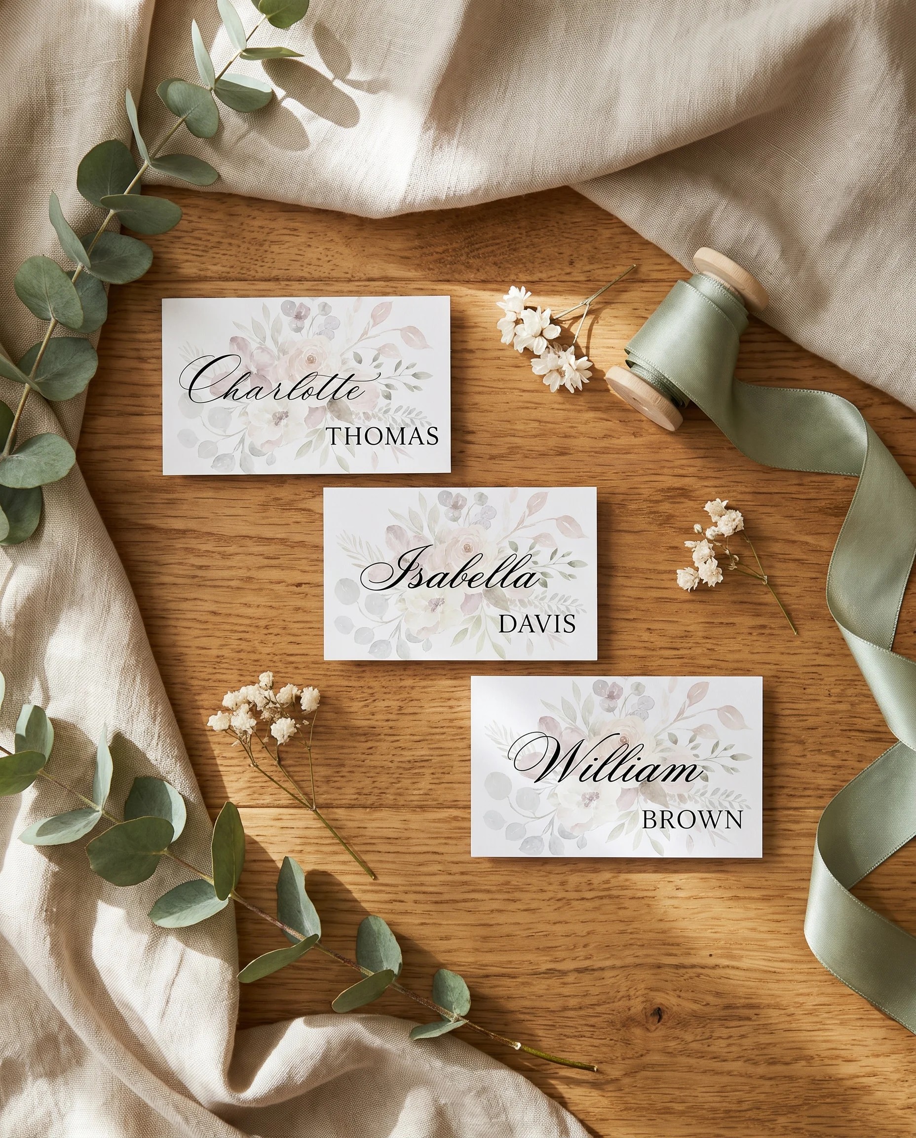 Meadow Veil wedding place cards — several place cards shown flat under soft natural light, wedding place cards