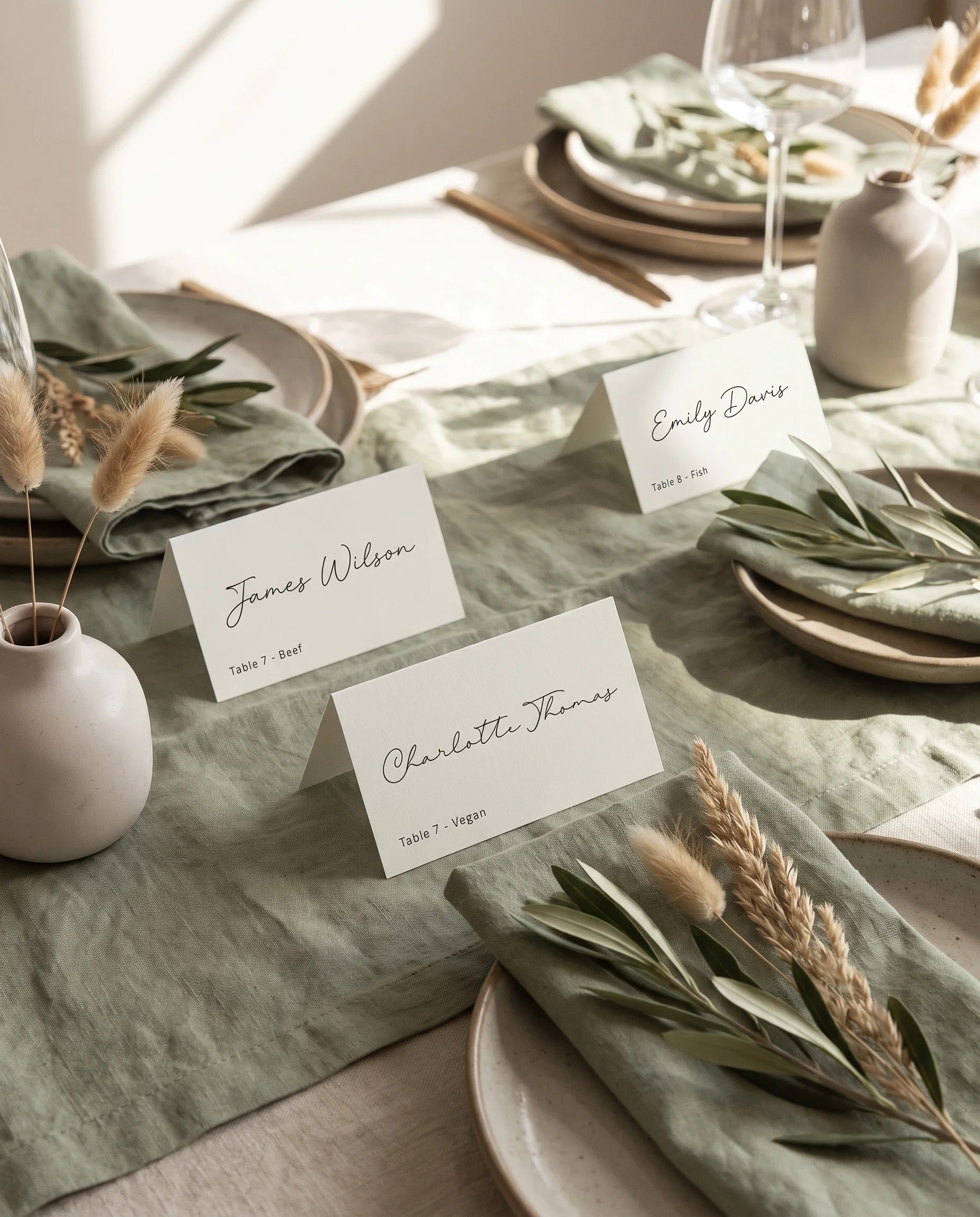Manor Etching wedding place cards — arranged on a dressed reception table under soft natural light, premium editorial paper, place card template.