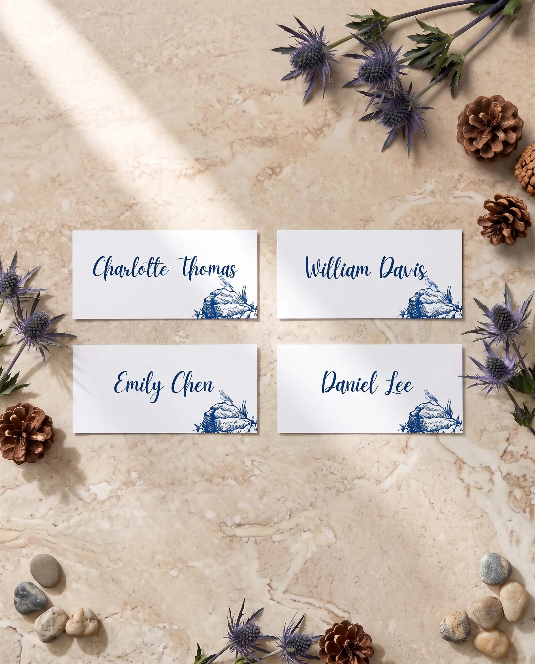 Blue Range wedding place cards — several cards shown flat in an overhead view under soft natural light, wedding place cards.