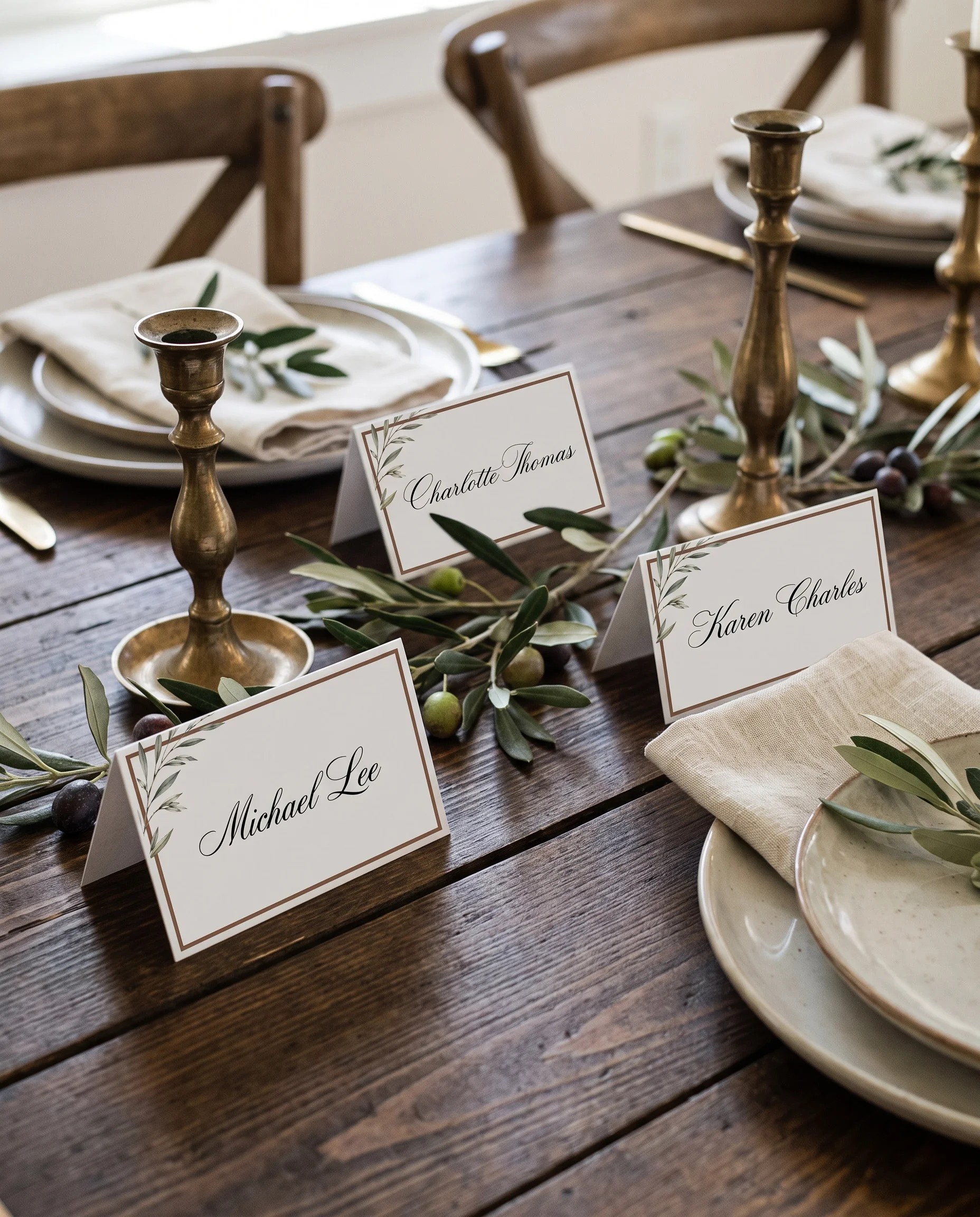 Olive Arc wedding place cards — shown arranged on a dressed reception table under soft natural light, place card template.