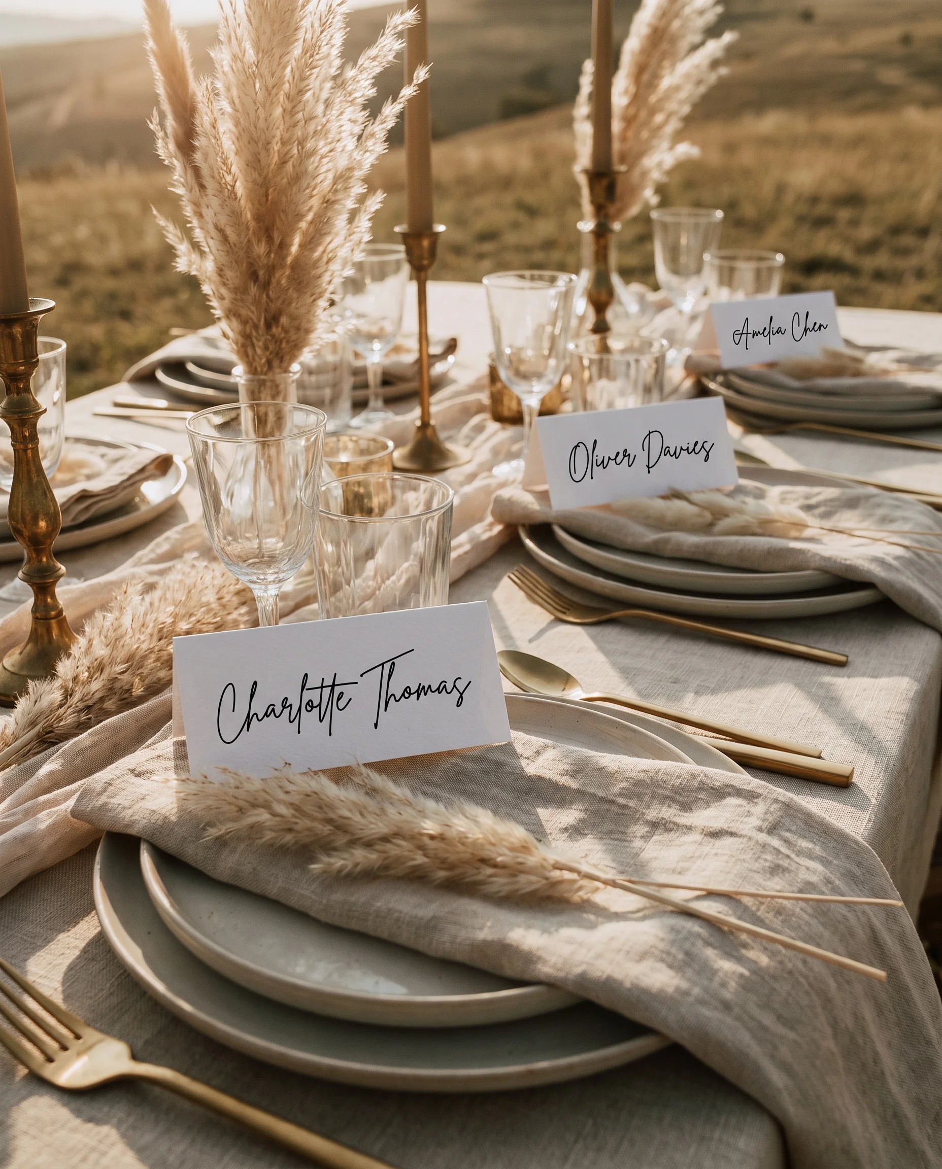 Arrowcrest wedding place cards — several cards arranged on a dressed reception table under soft natural light, place card template.