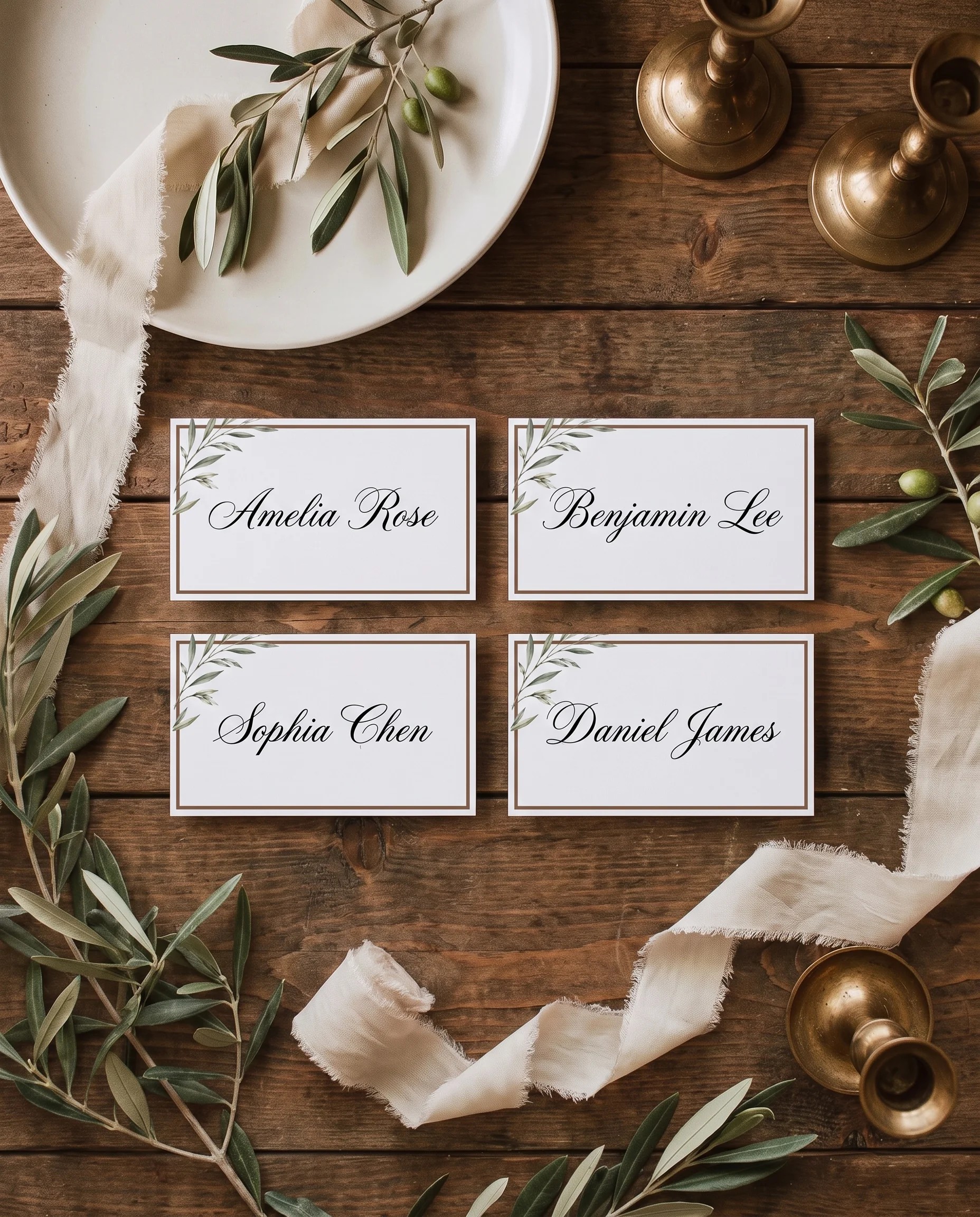 Olive Arc wedding place cards — several place cards shown flat under soft natural light, wedding place cards