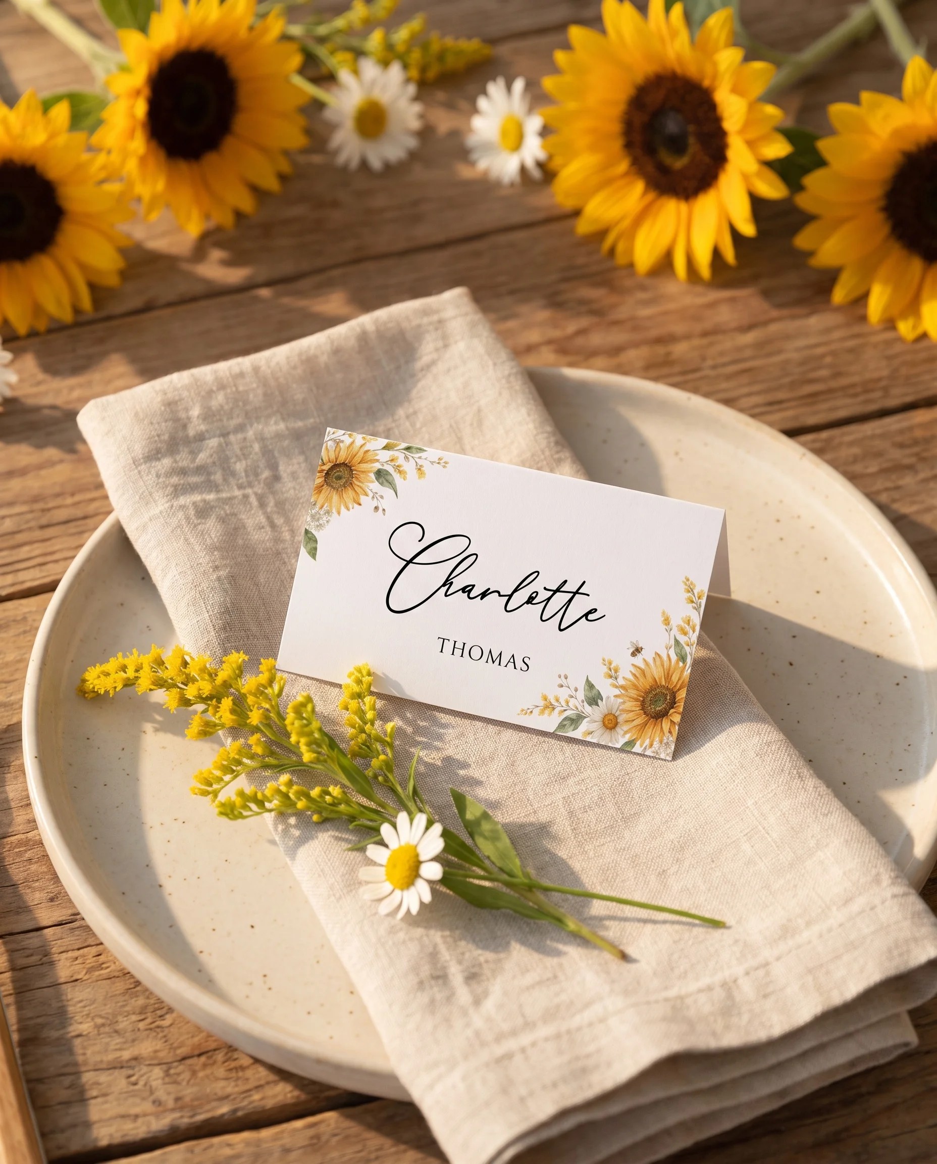 Honeyfield wedding place cards — a single card displayed at a formal place setting in soft natural light, wedding name cards.