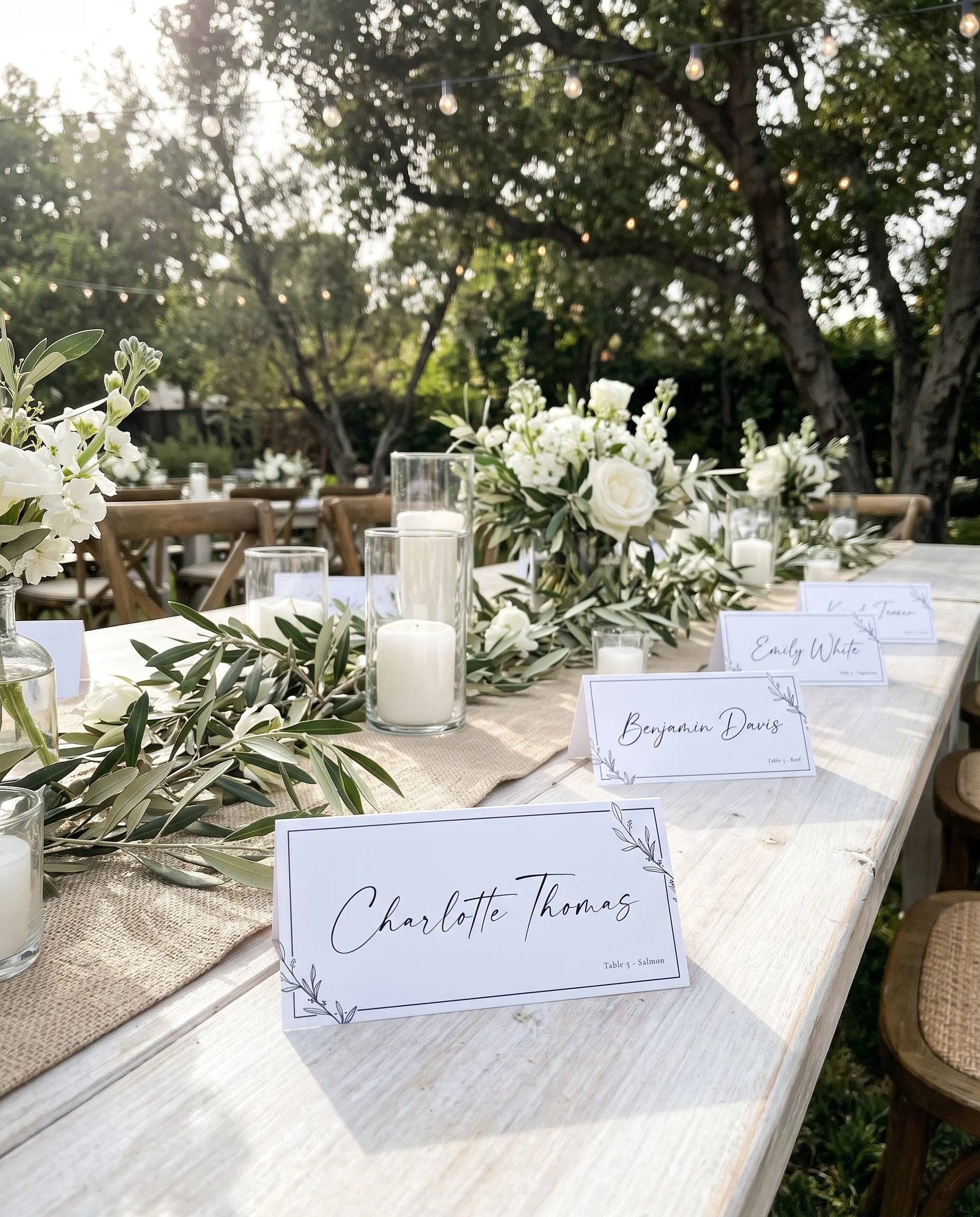 Willow Script wedding place cards — place cards arranged on a dressed reception table under soft natural light, place card template.
