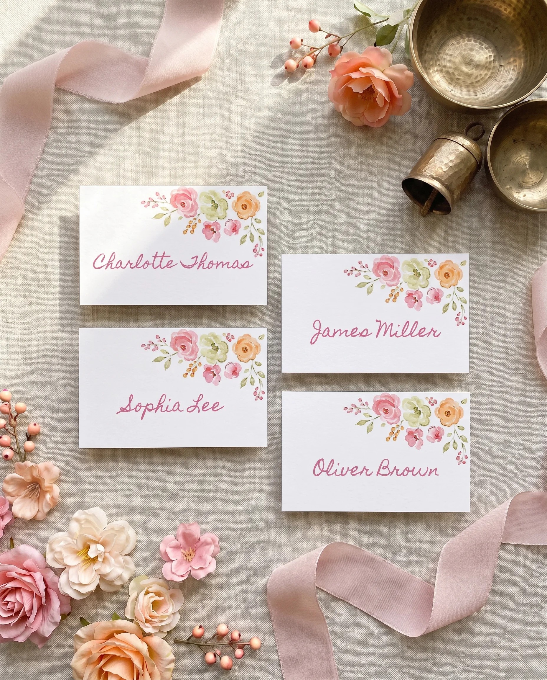 Blush Garland wedding place cards — several flat lay place cards in soft natural light, editorial styling, wedding place cards.