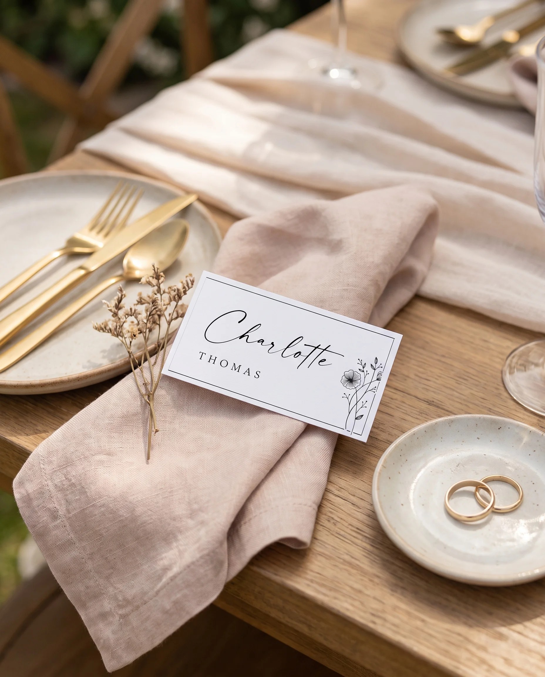 Hush Bloom wedding place cards — a single card displayed at a set place setting under soft natural light, wedding name cards.