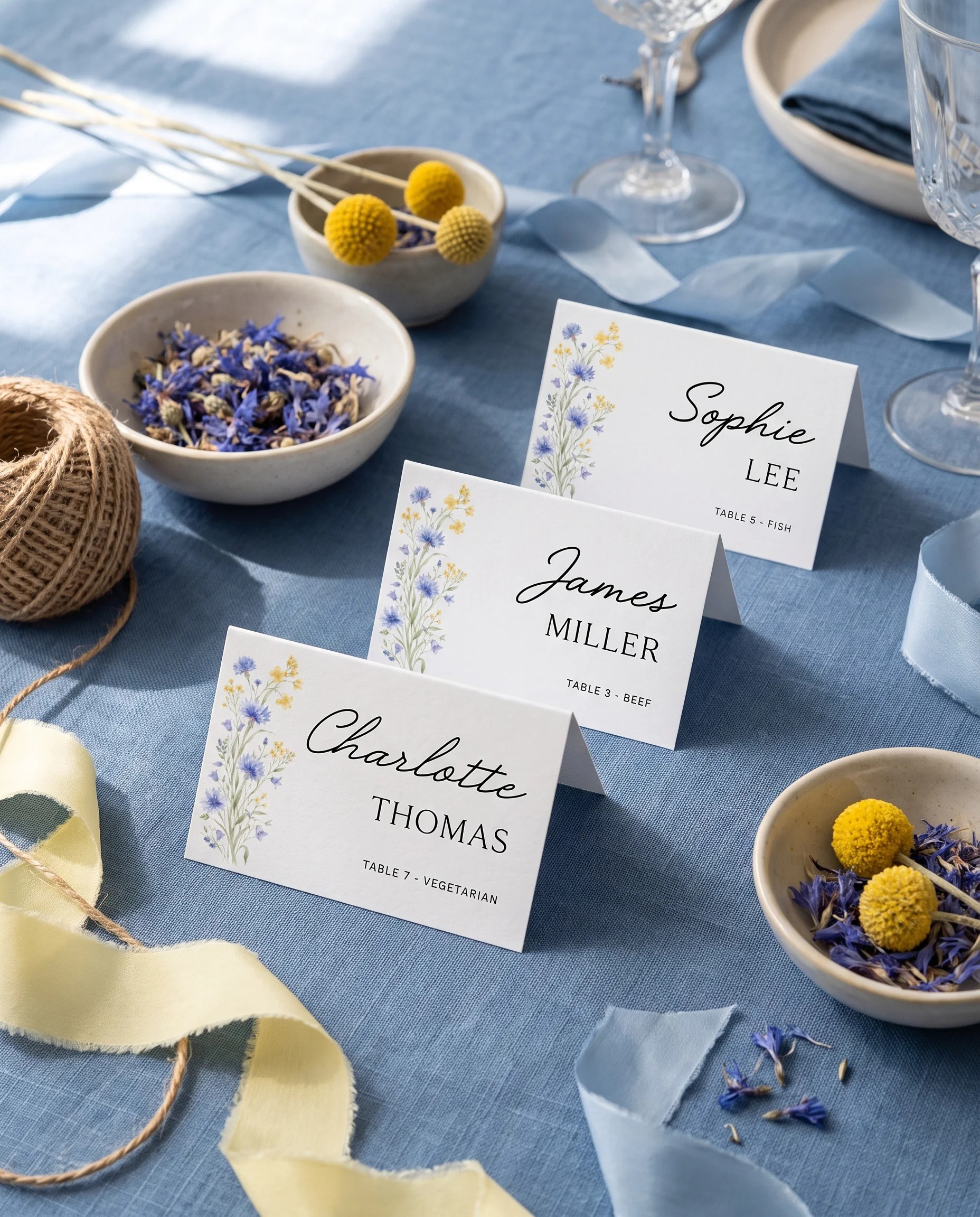 Cornflower wedding place cards — several cards arranged on a dressed reception table under soft natural light, place card template.