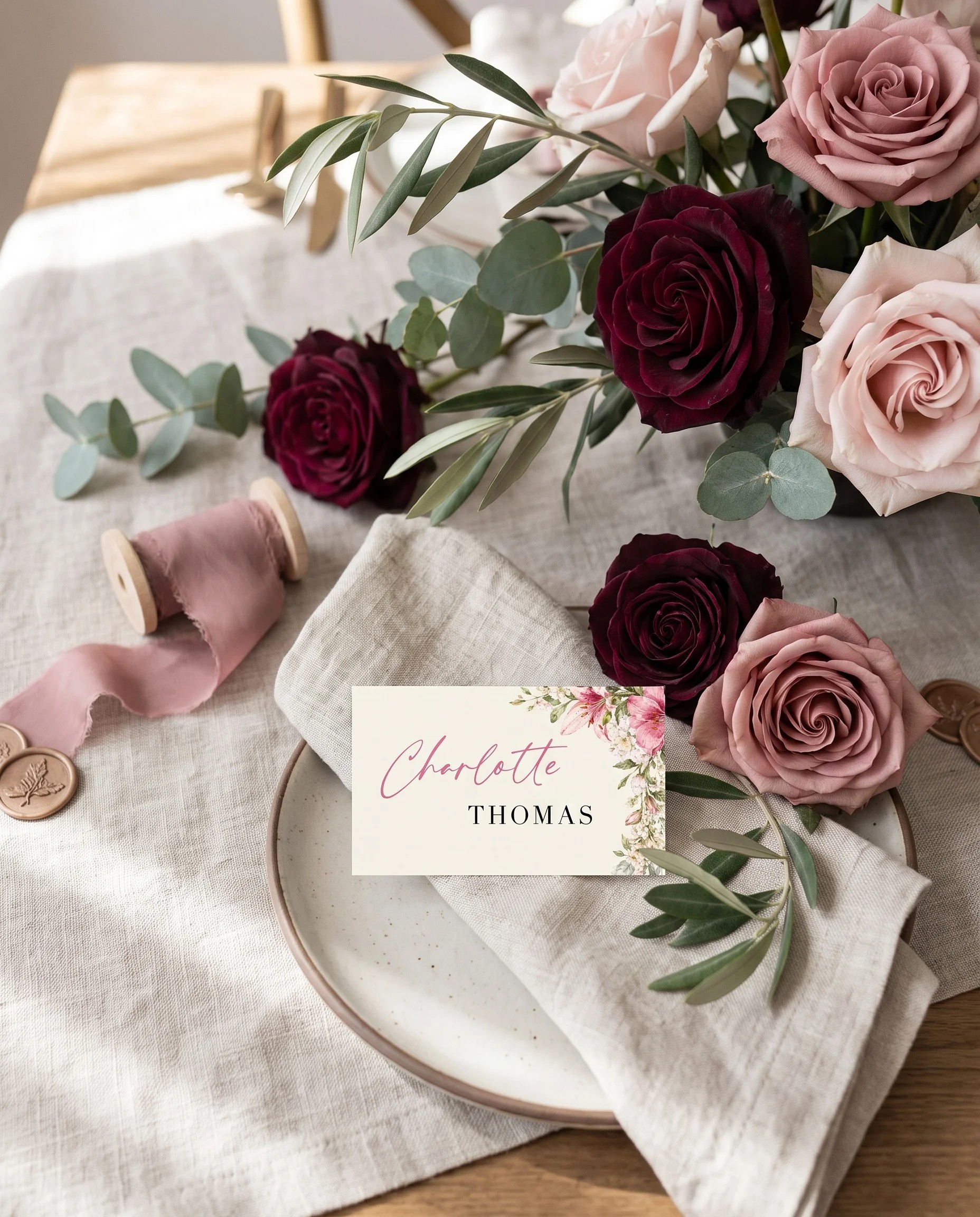 Rosevale wedding place cards — a place card shown at a set place setting under soft natural light, wedding name cards