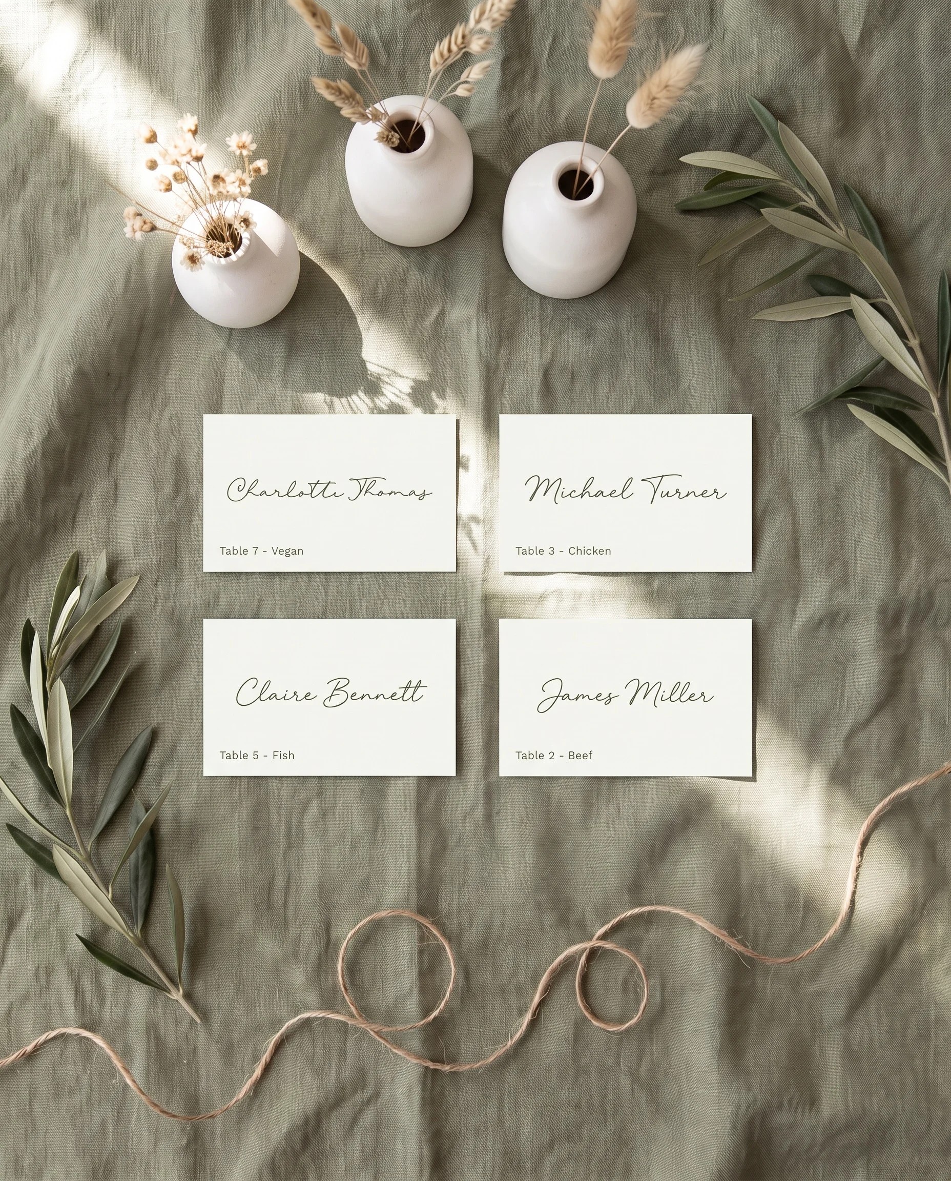 Manor Etching wedding place cards — several place cards shown flat under soft natural light at a slight overhead angle, wedding place cards