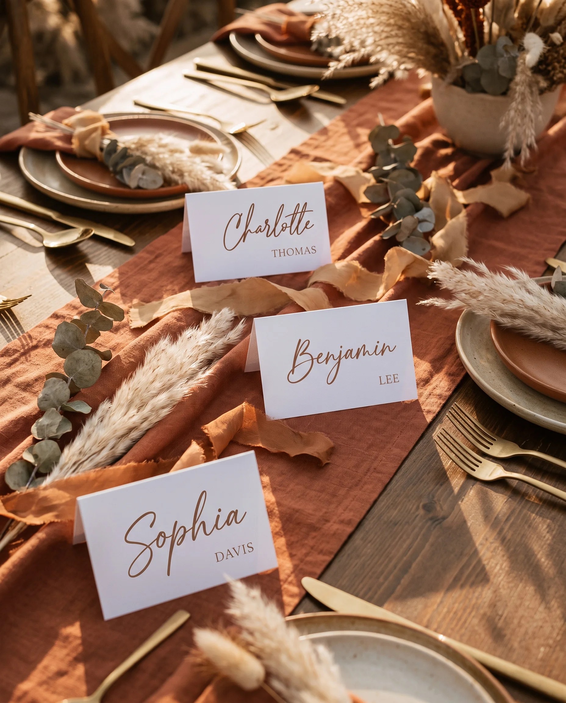 Briar Script wedding place cards — cards arranged on a dressed reception table under soft natural light, place card template.