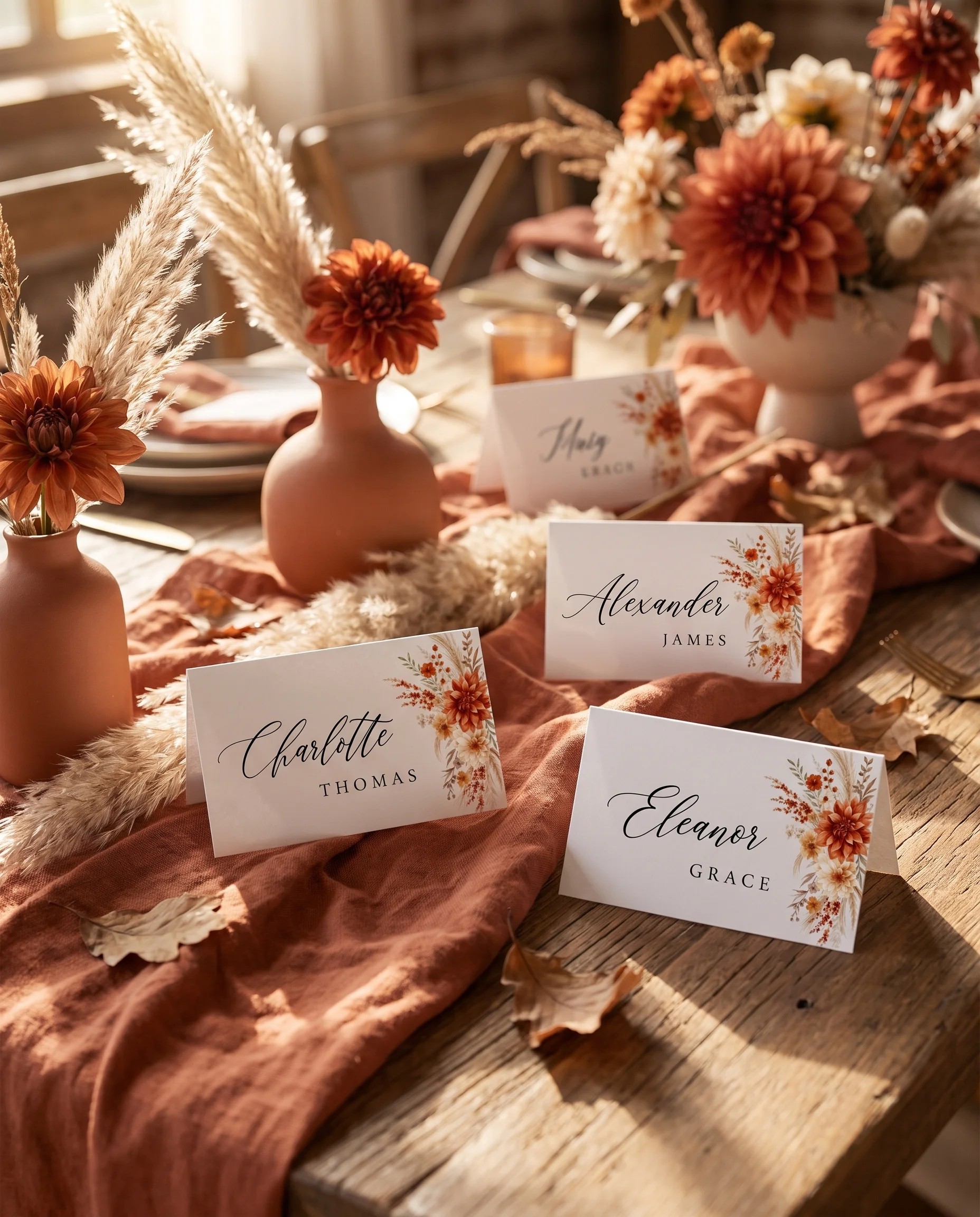 Dahlia Ember wedding place cards — arranged on a dressed reception table under soft natural light, place card template