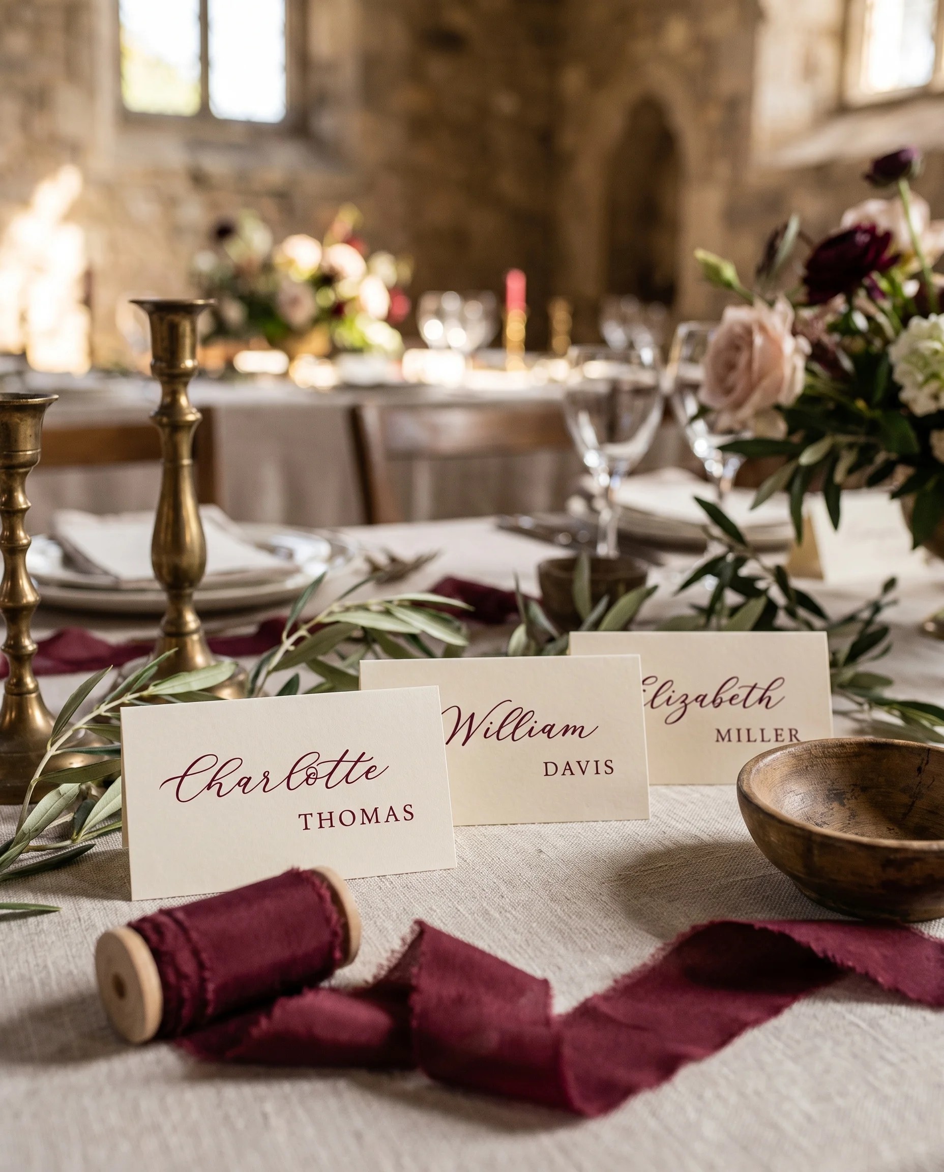 Claret Vine wedding place cards — place cards arranged on a dressed reception table under soft natural overhead light, place card template
