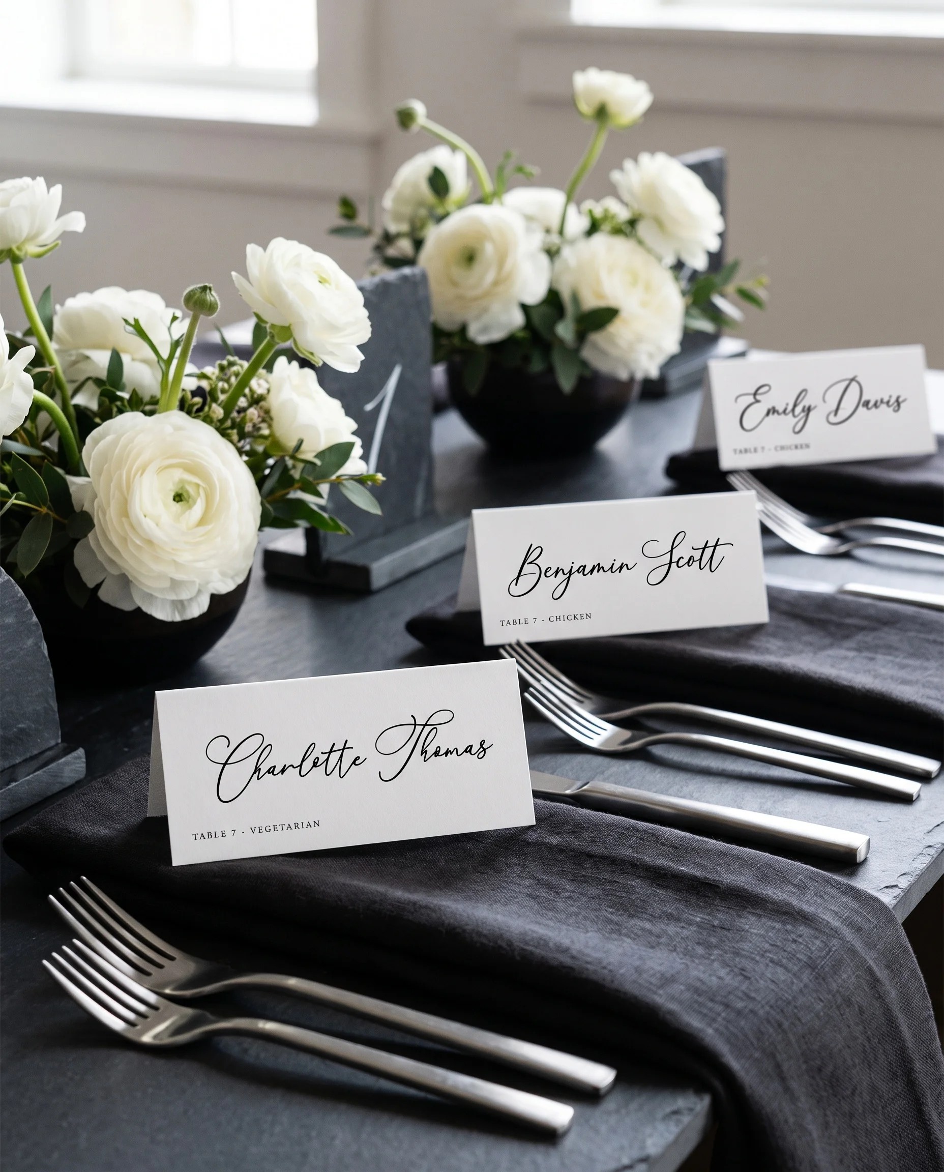Monochrome Veil wedding place cards — cards arranged on a dressed reception table under soft natural light, place card template.