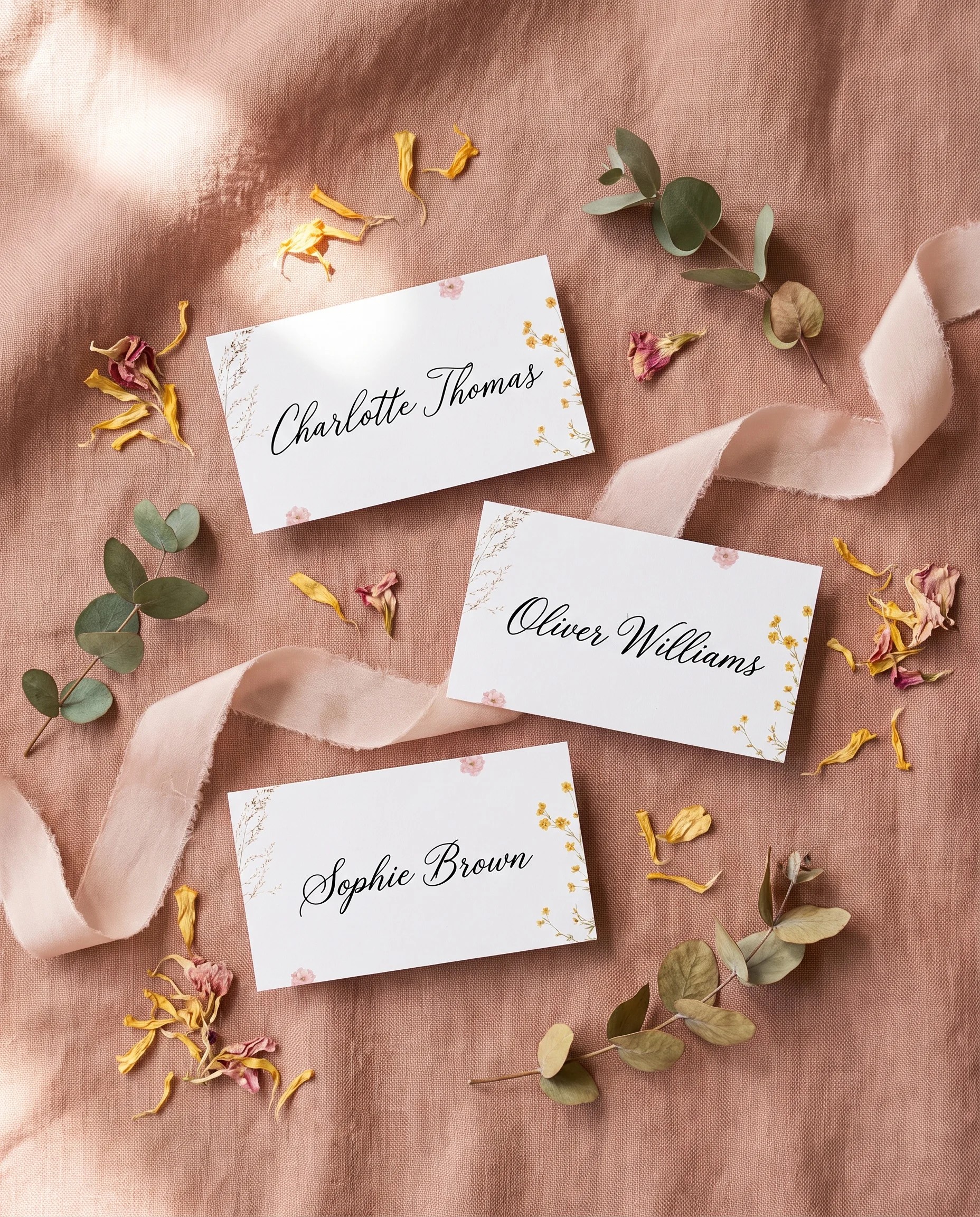 Marigold Petal wedding place cards — several place cards shown flat under soft natural light at a slight overhead angle, wedding place cards.