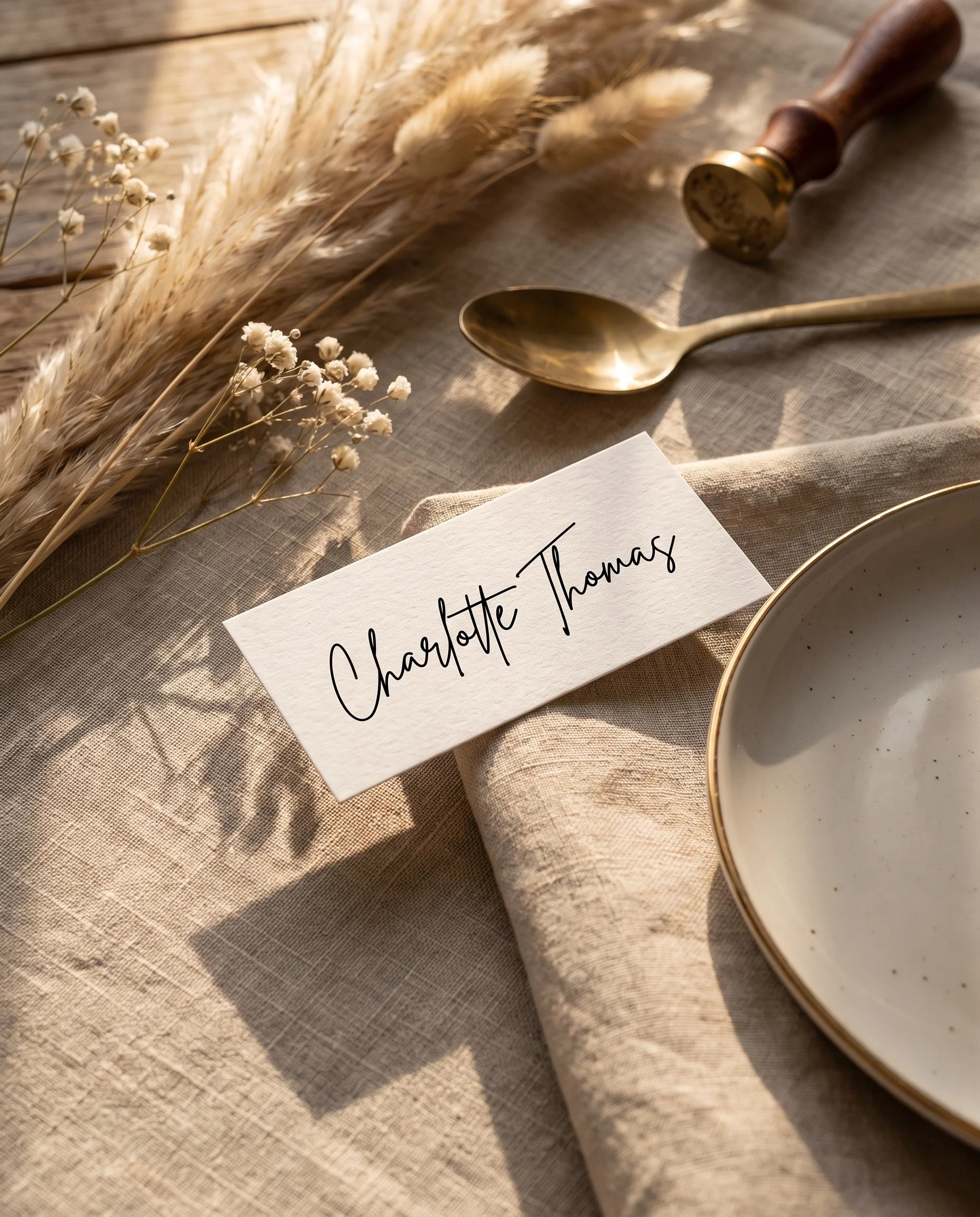 Arrowcrest wedding place cards — a single card displayed at a set place setting under soft natural light, wedding name cards.
