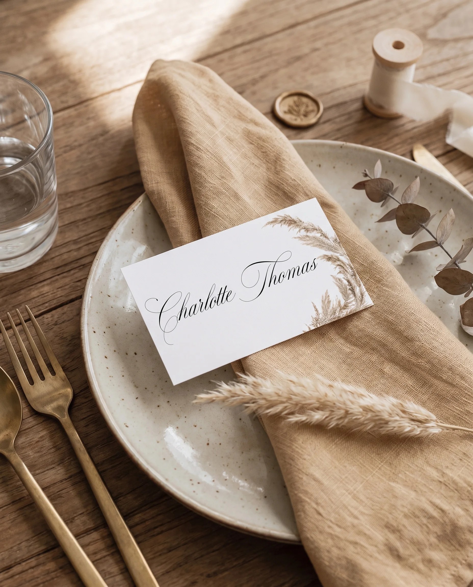 Pampas wedding place cards — a single place card shown at a set place setting under soft overhead light, wedding name cards.