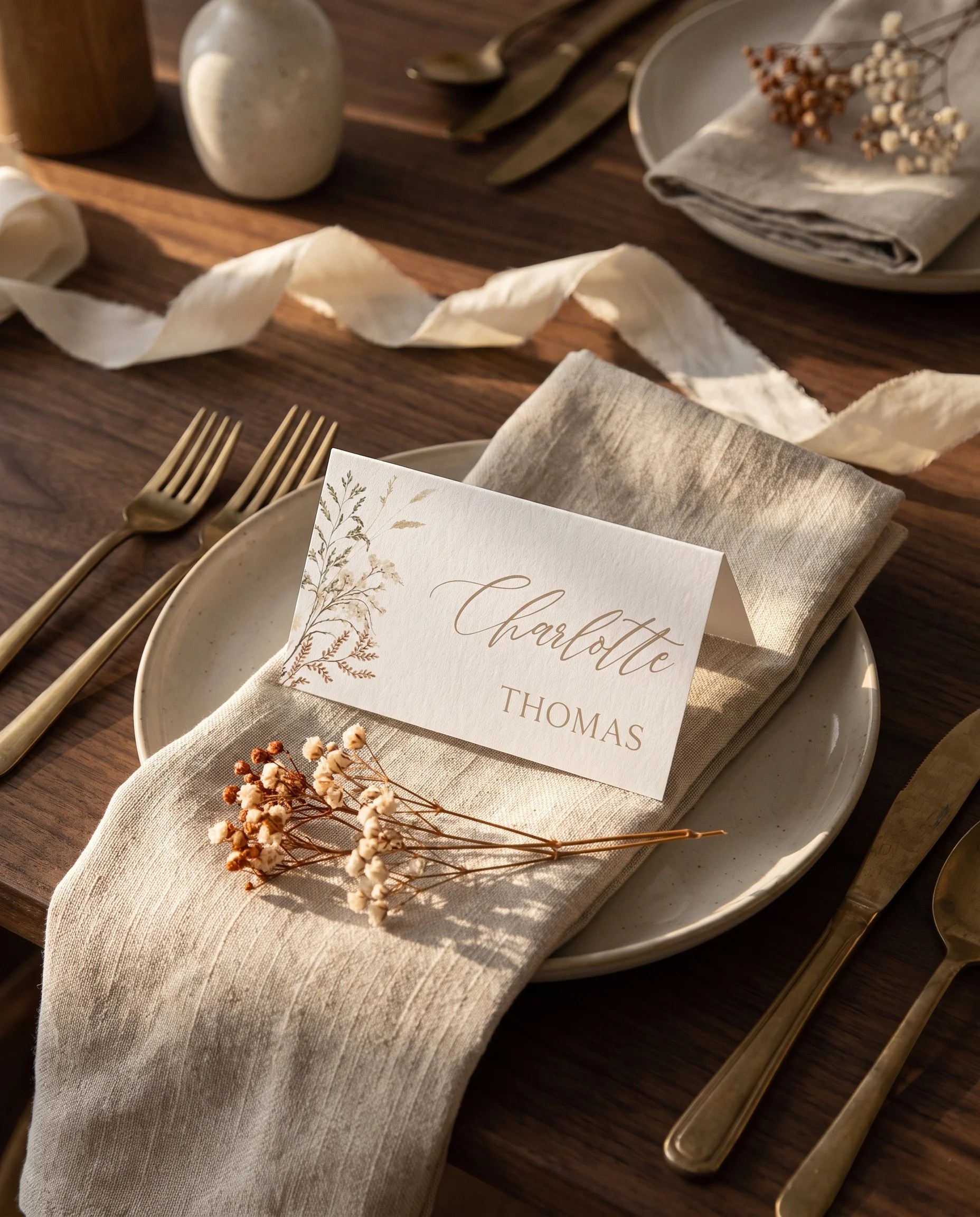 Bramble Court wedding place cards — single card displayed at a set place setting under soft natural light, wedding name cards.