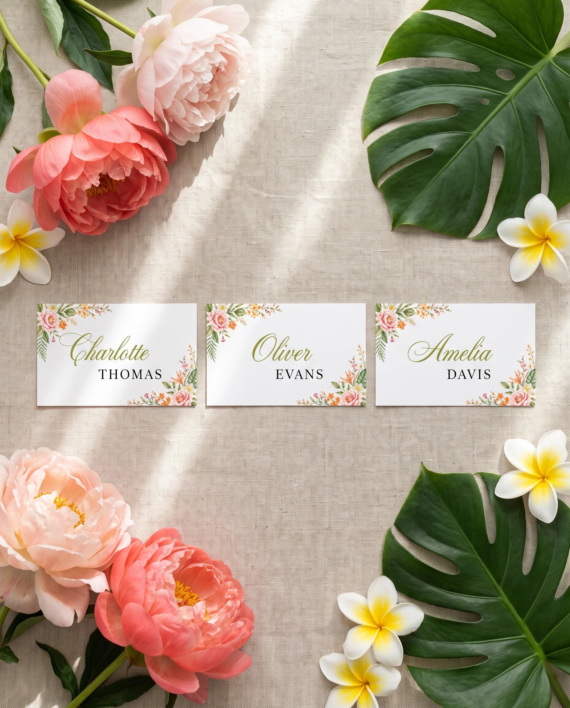 Plumeria Peony wedding place cards — several place cards shown flat under soft natural light, wedding place cards
